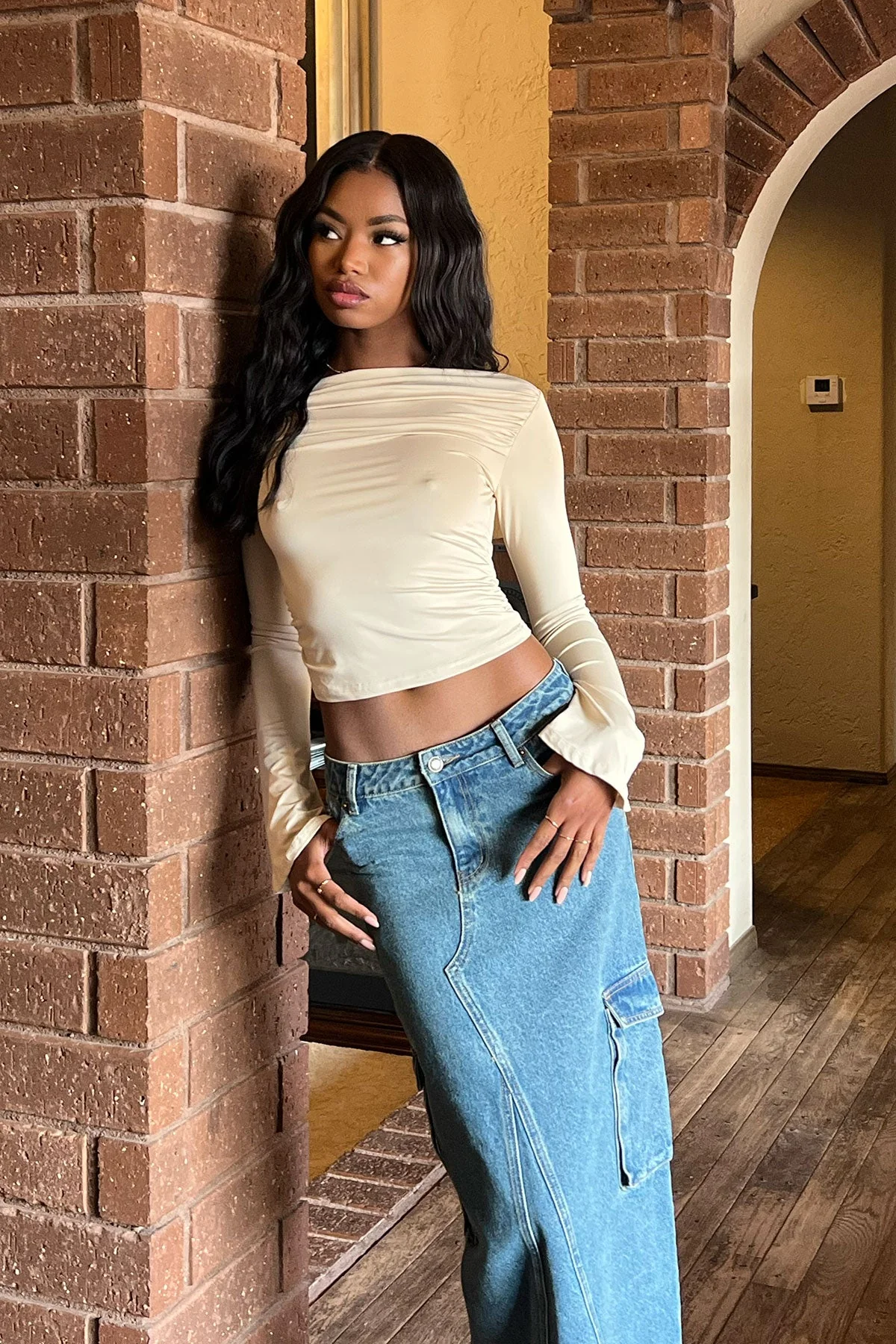 Womens Cream Gathered Top with Flared Sleeves