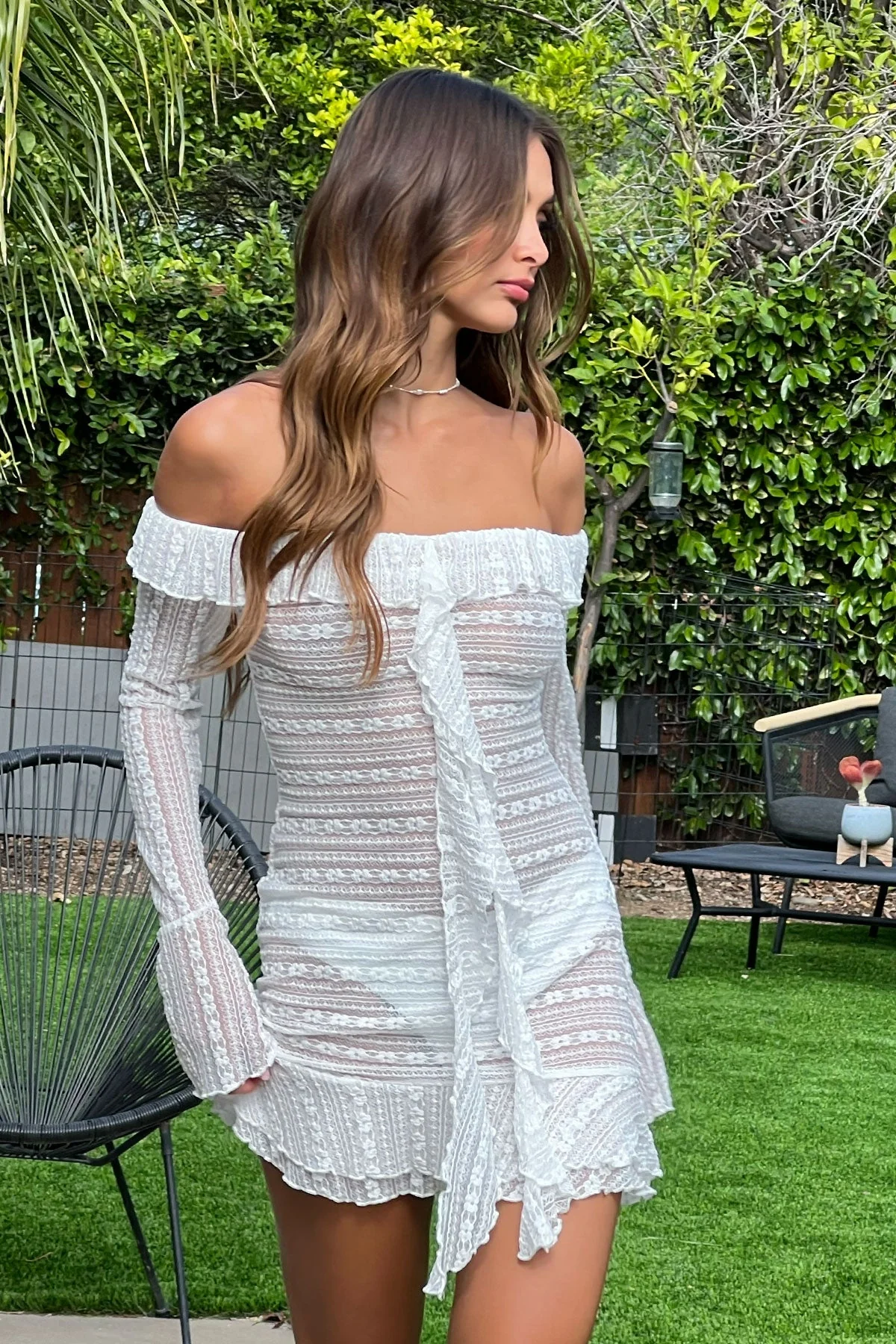 Sheer Lace Off Shoulder Mini Dress Cream Elegant Style