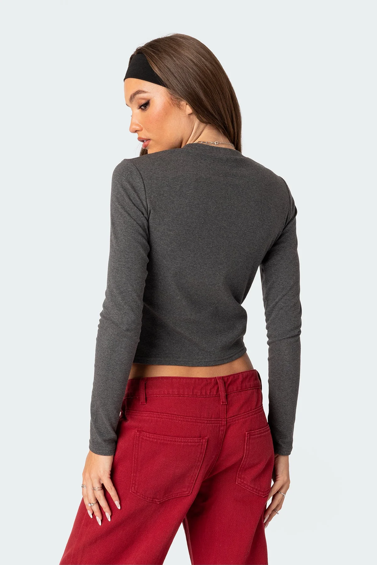 Gray Long Sleeve Graphic Cotton T-Shirt for Men