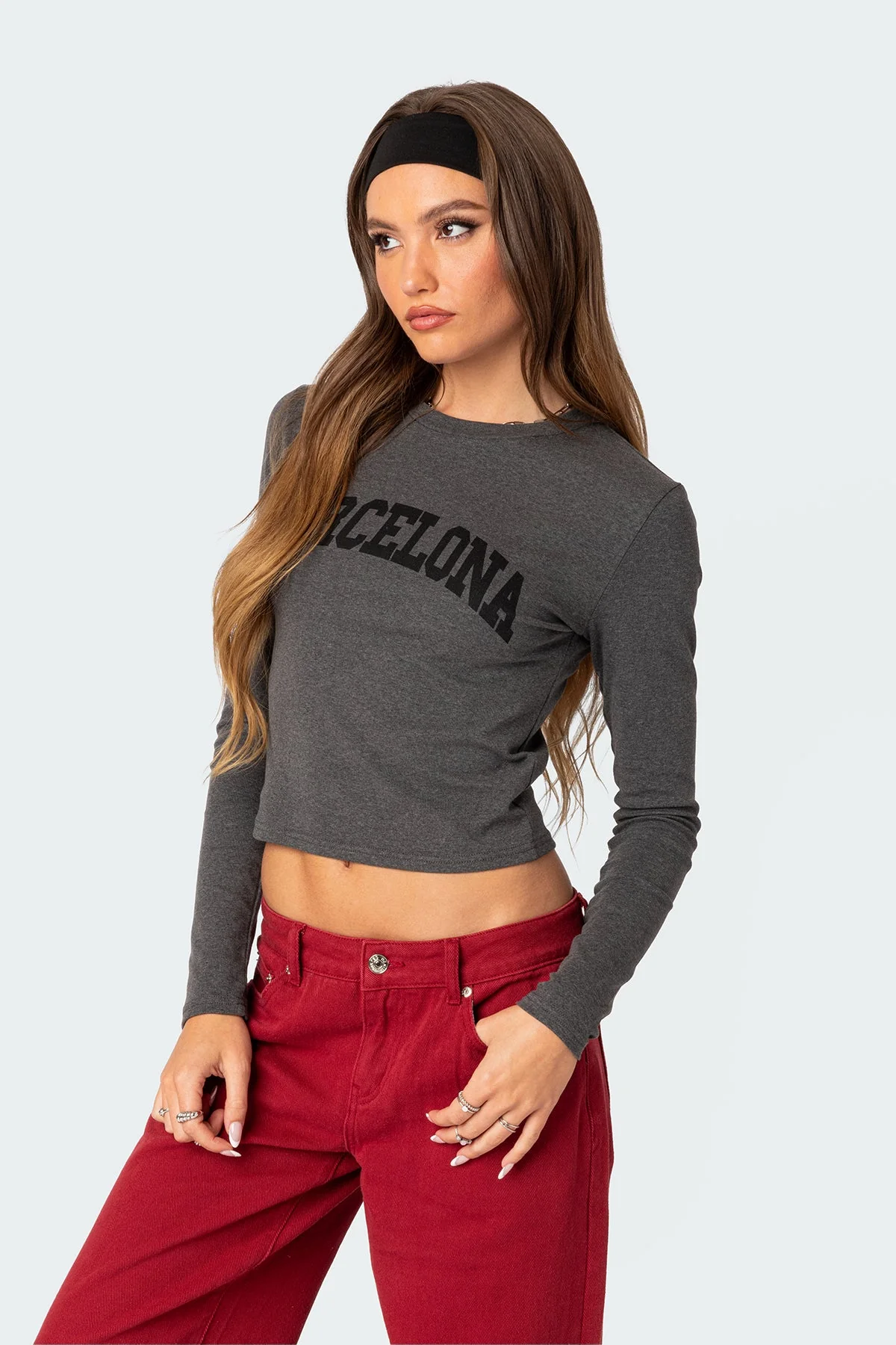 Gray Long Sleeve Graphic Cotton T-Shirt for Men