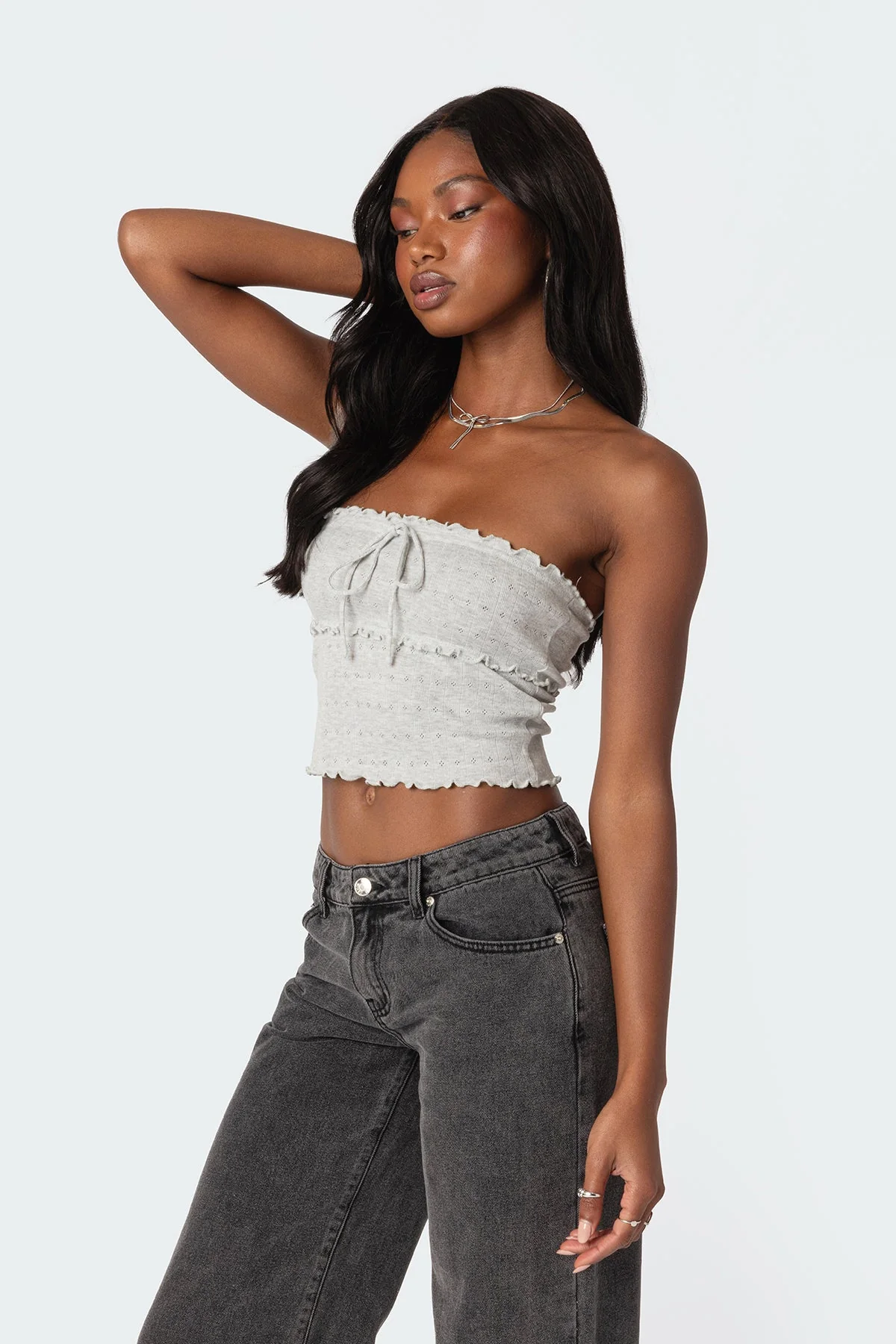 Gray Melange Pointelle Tube Top Womens Frilled Hem Tie Front Detail
