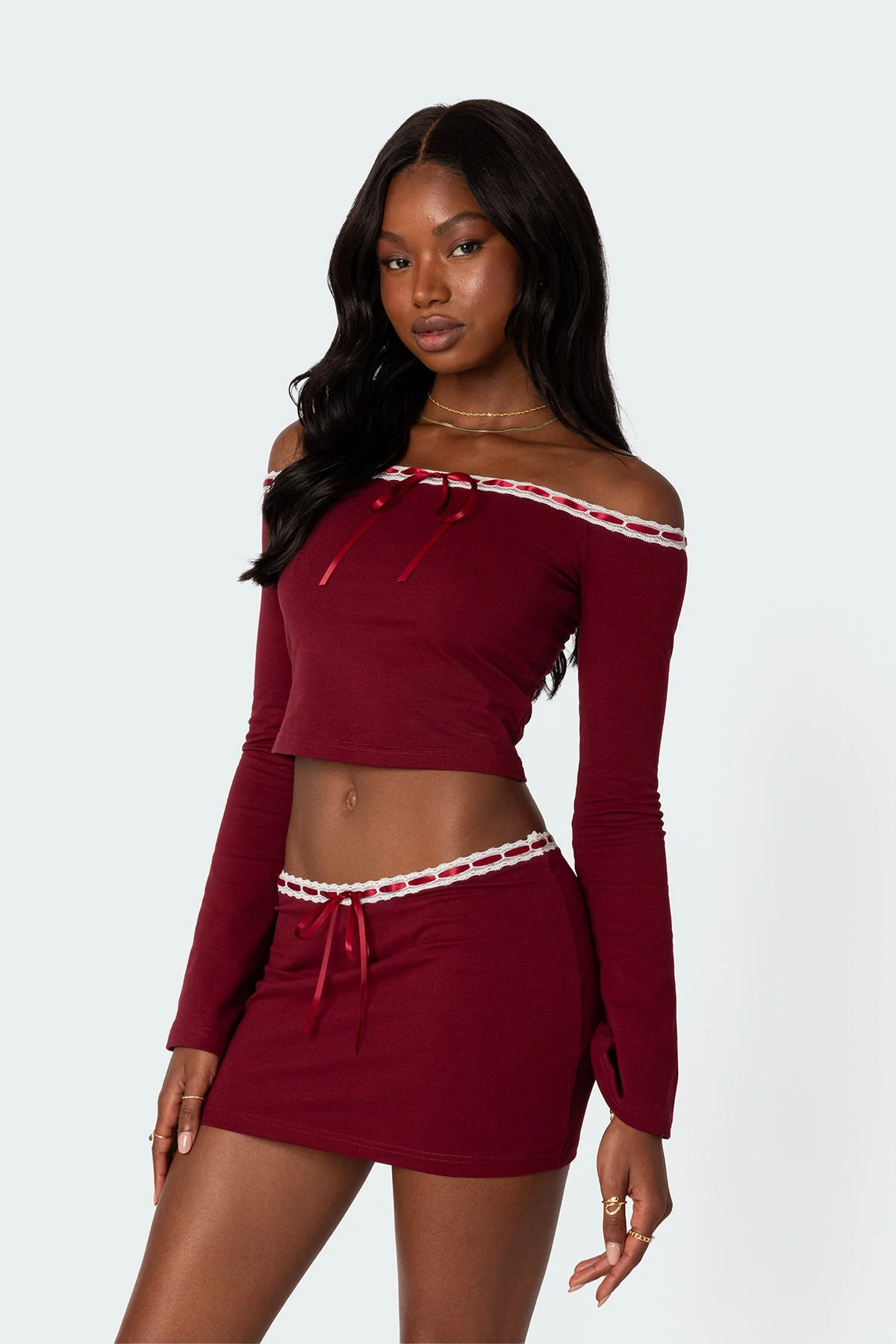 Burgundy Ribbon Trim Crop Top