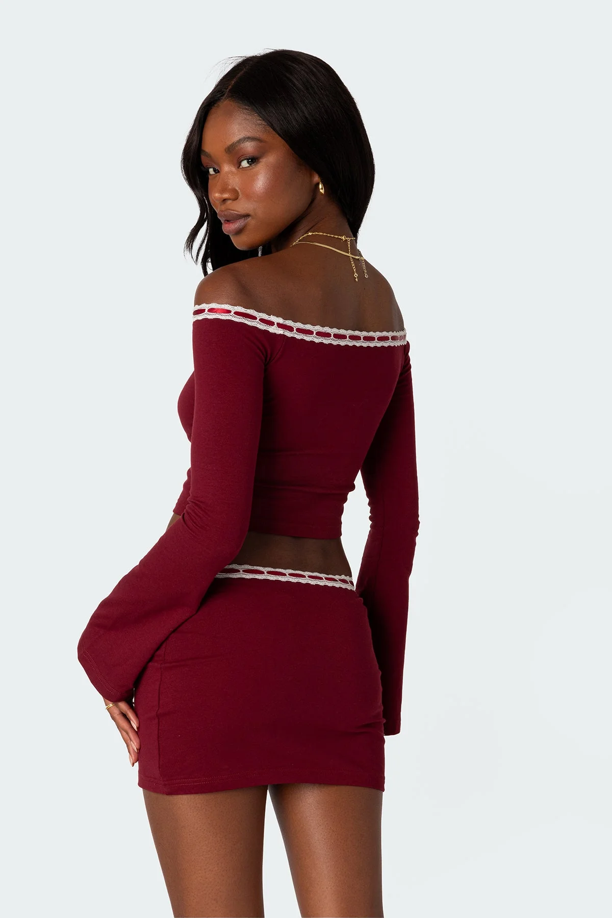 Burgundy Ribbon Trim Crop Top
