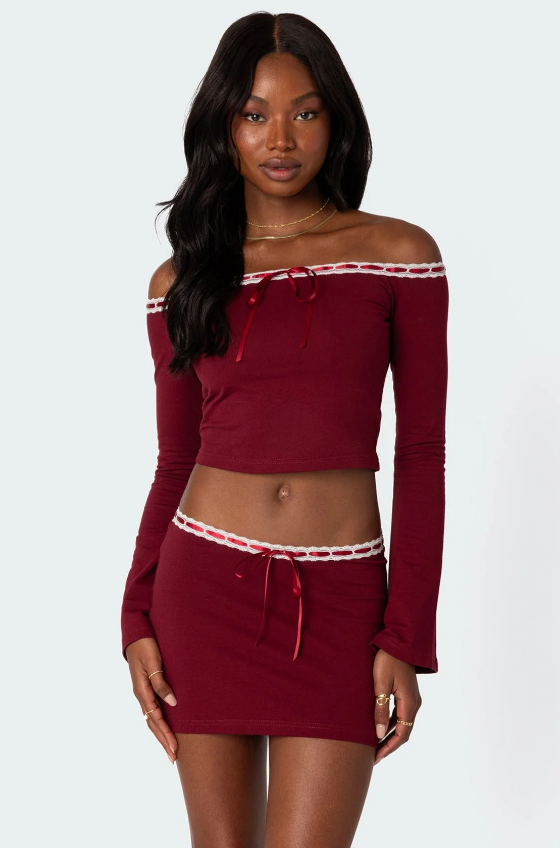 Burgundy Ribbon Trim Crop Top