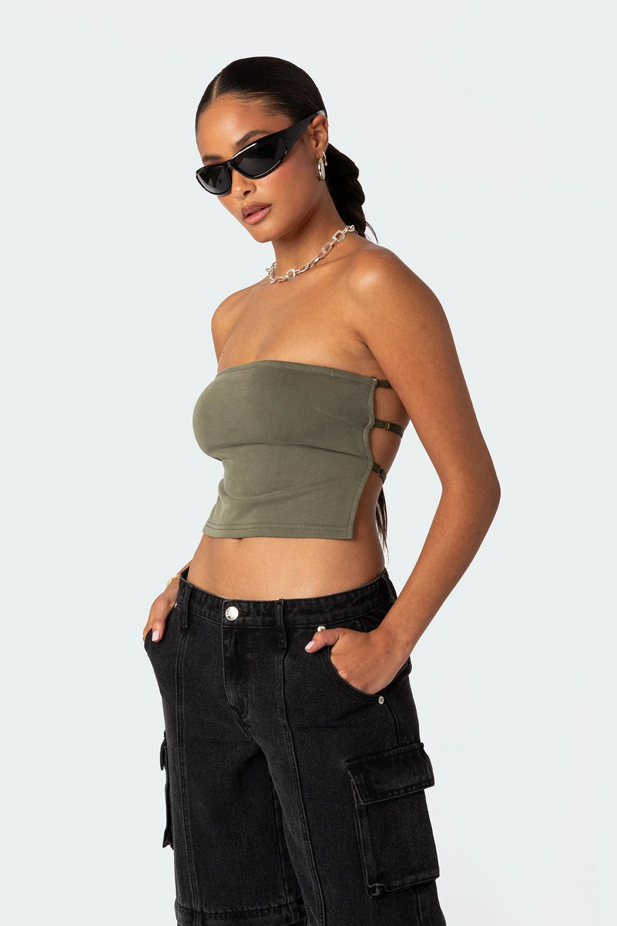 Olive Strapless Open Back Tube Top