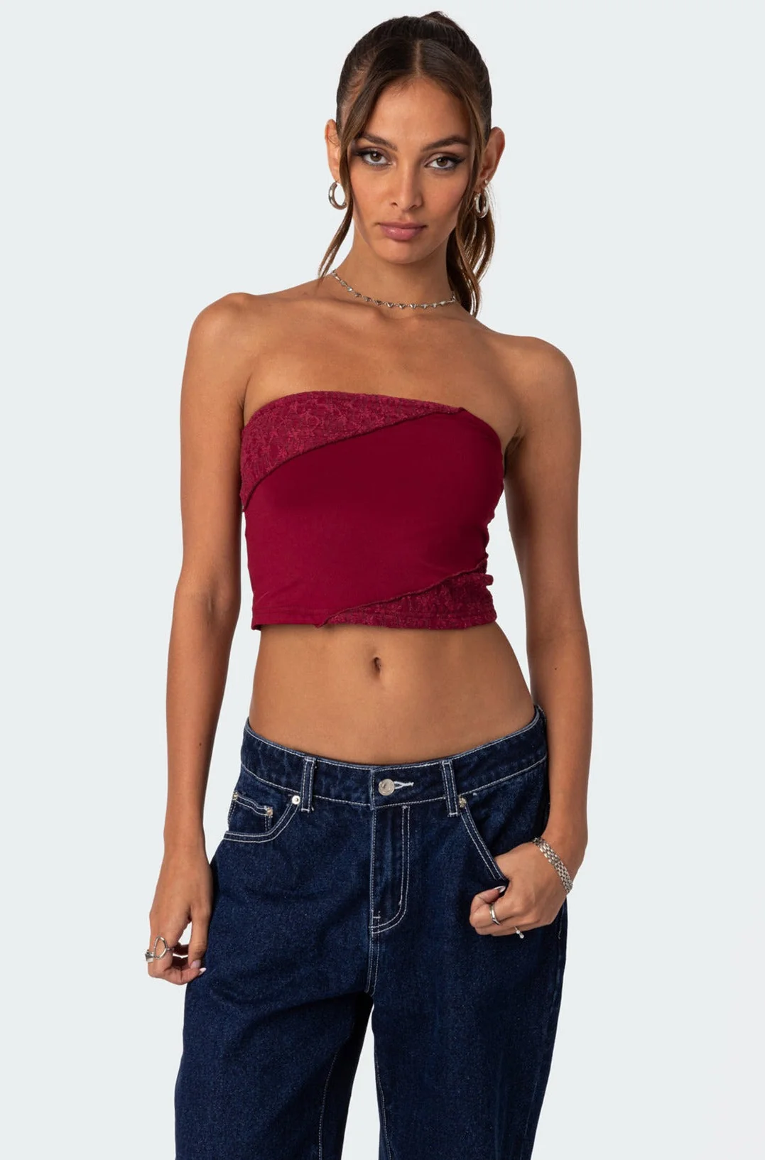 Burgundy Lace Cropped Tube Top for Women