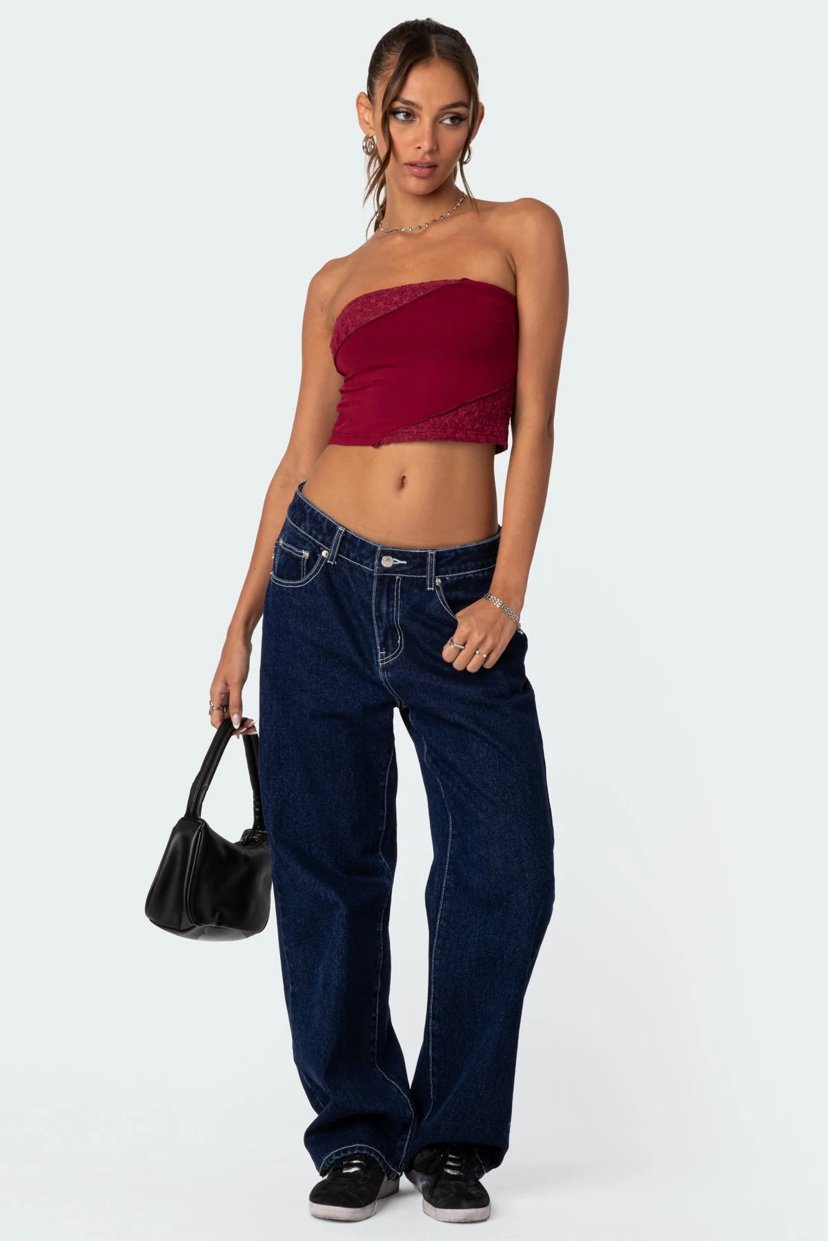 Burgundy Lace Cropped Tube Top for Women