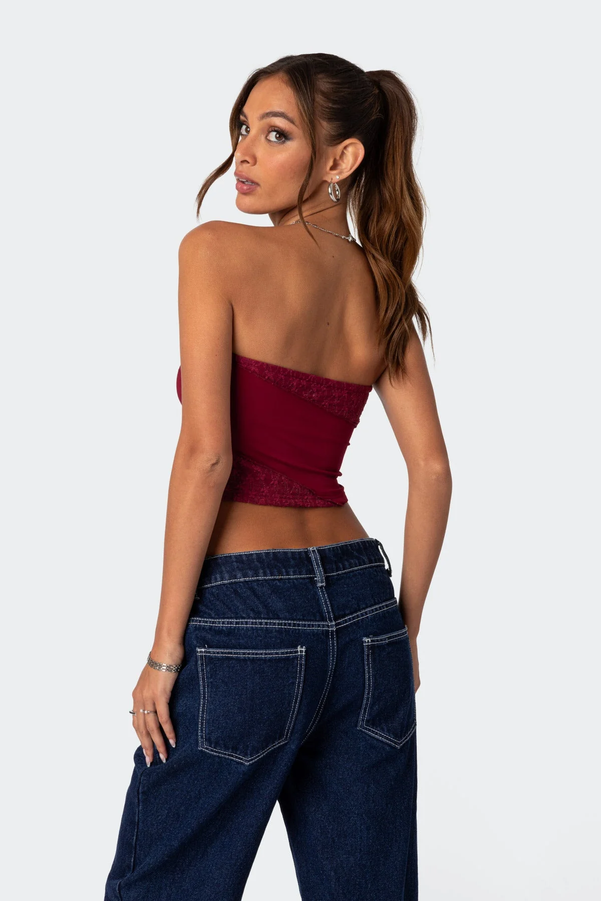 Burgundy Lace Cropped Tube Top for Women