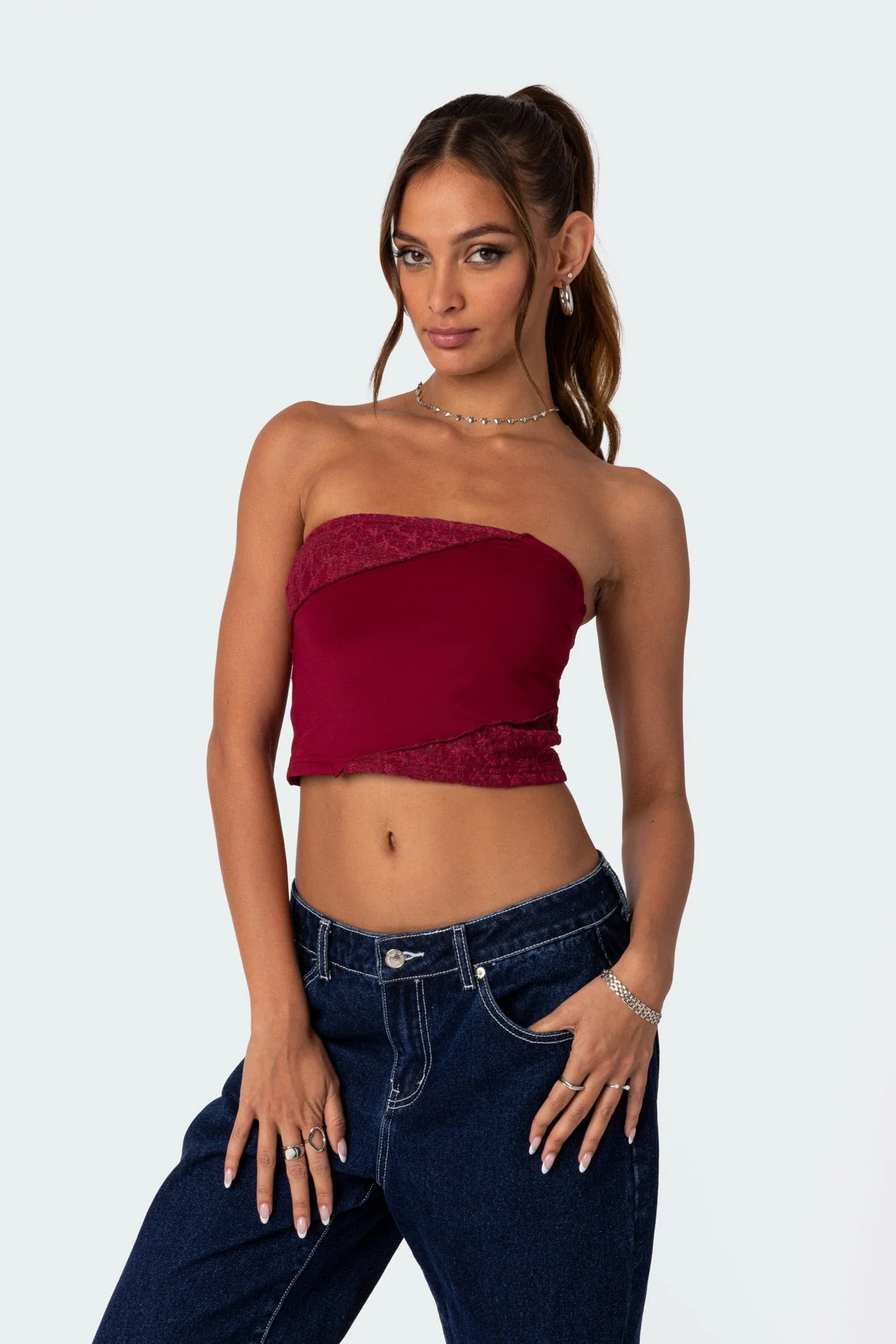 Burgundy Lace Cropped Tube Top for Women