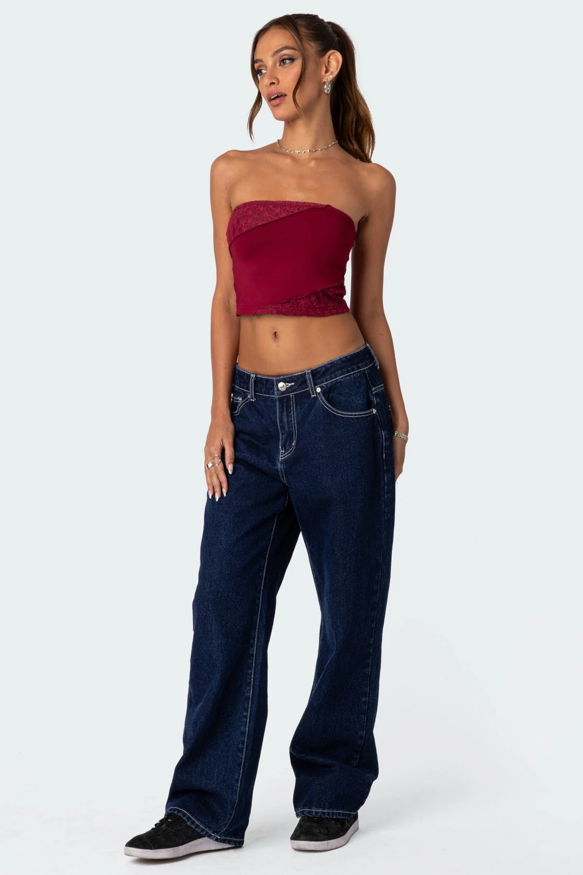 Burgundy Lace Cropped Tube Top for Women