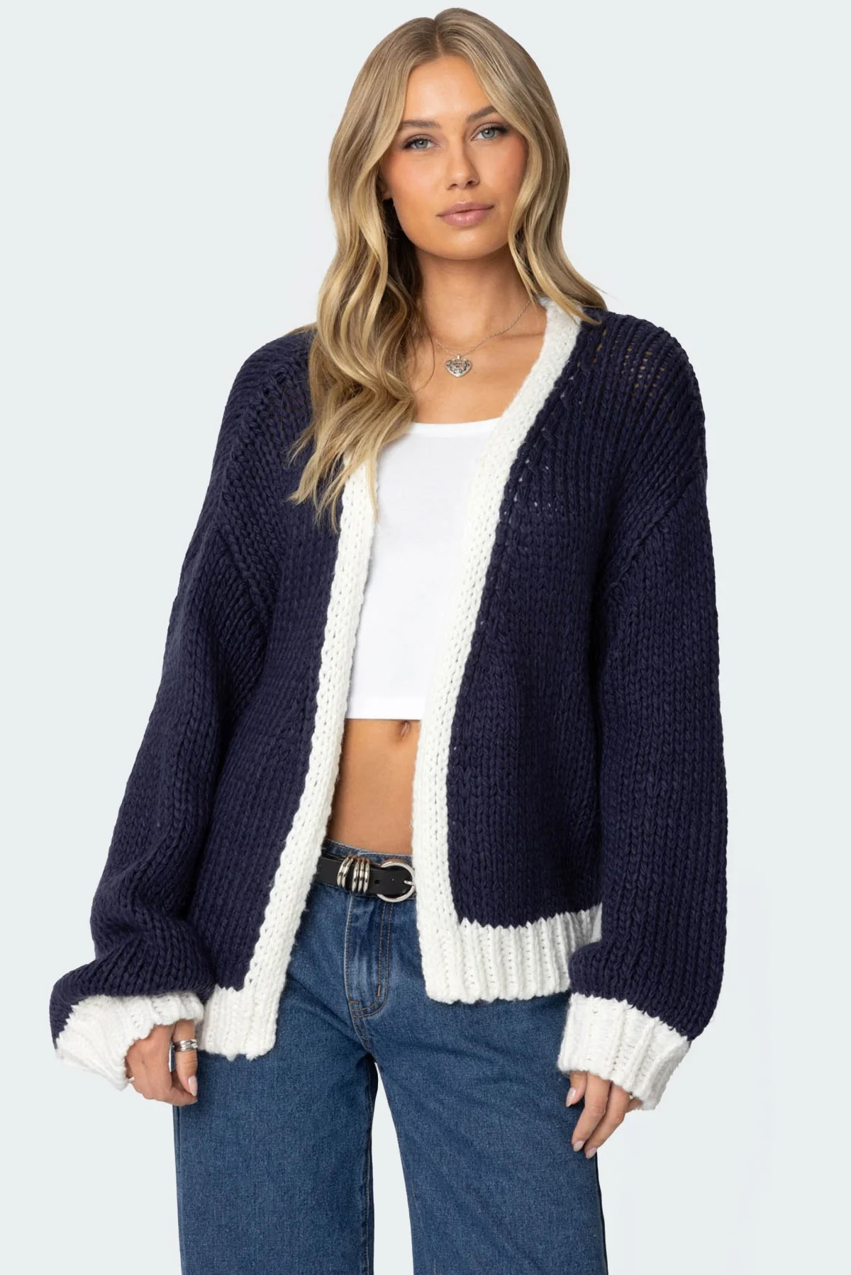 Navy Chunky Knit Cardigan Womens Sweater Style