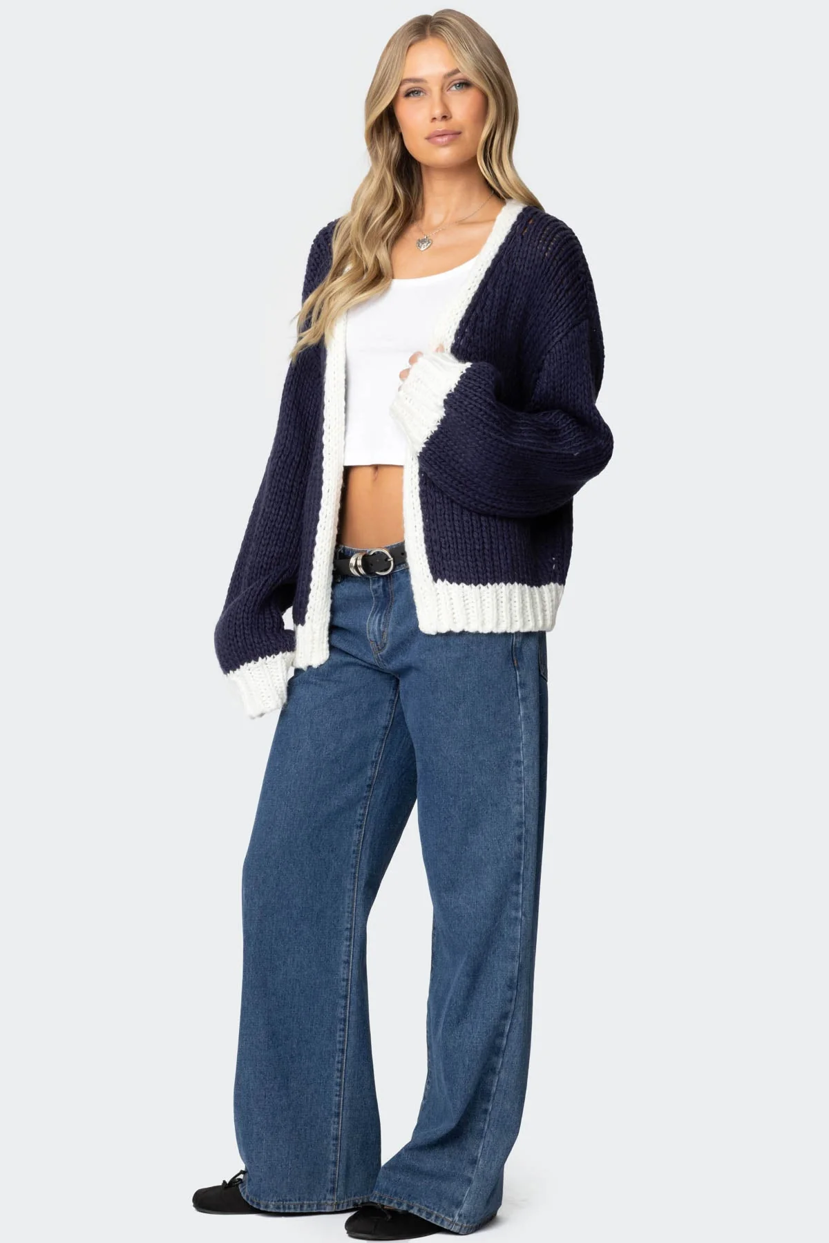 Navy Chunky Knit Cardigan Womens Sweater Style