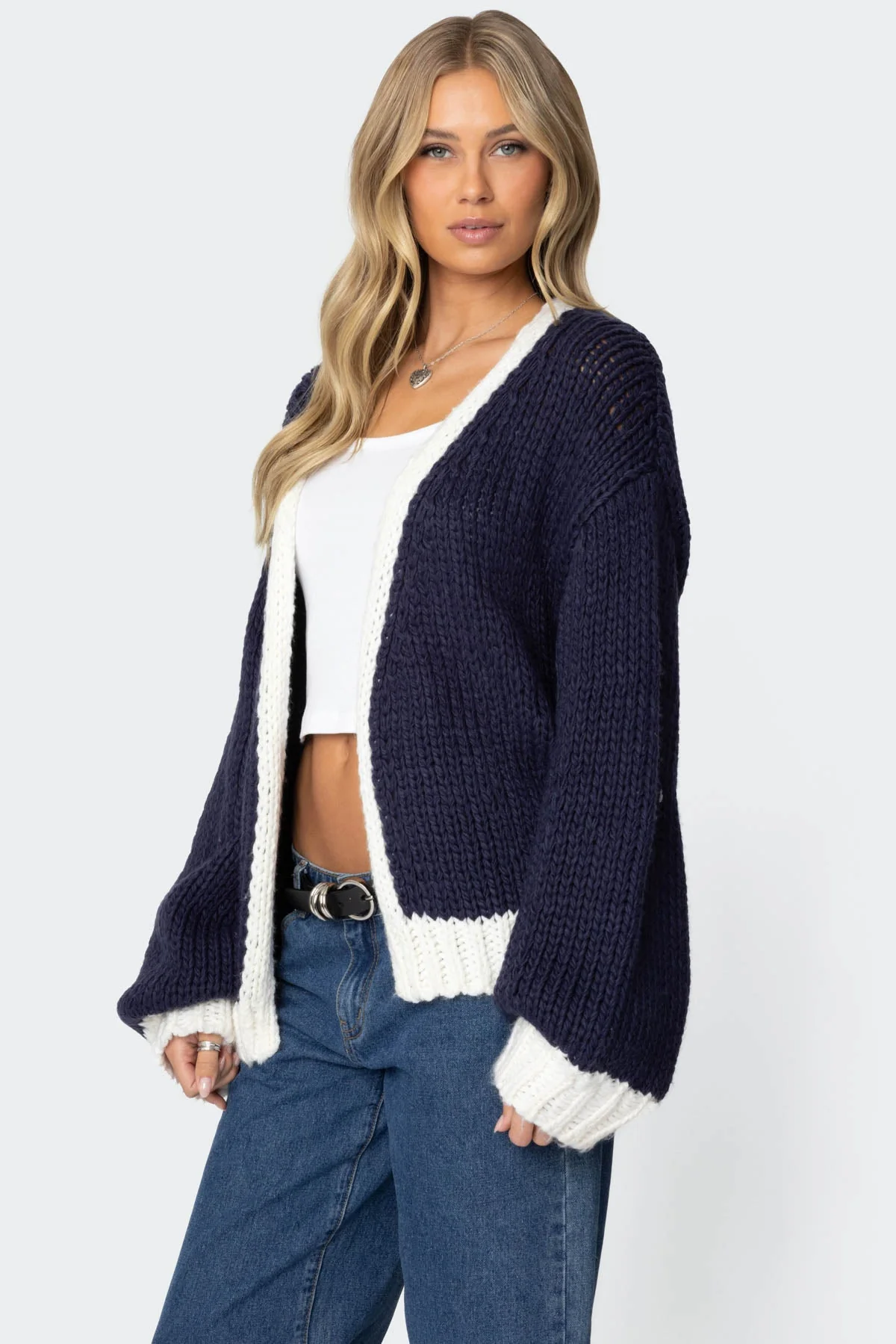 Navy Chunky Knit Cardigan Womens Sweater Style