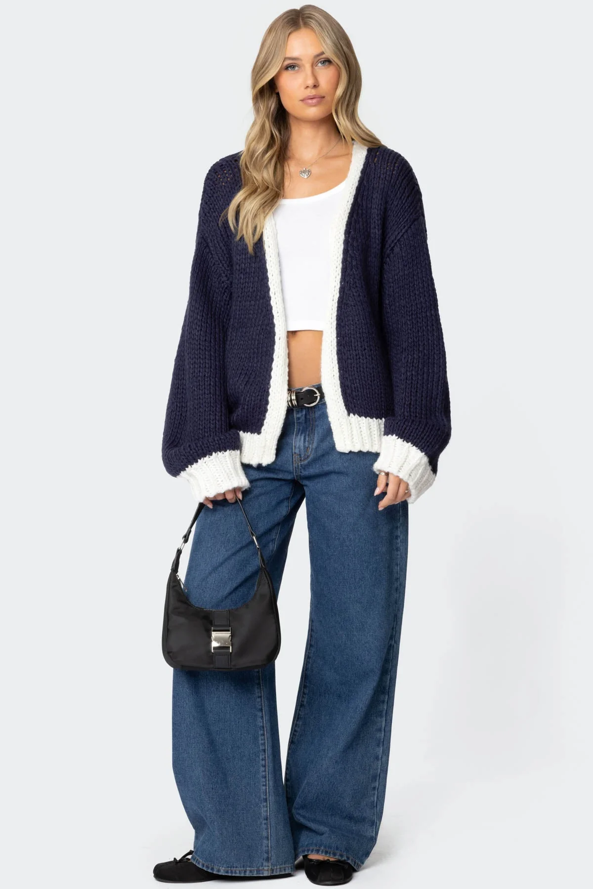 Navy Chunky Knit Cardigan Womens Sweater Style