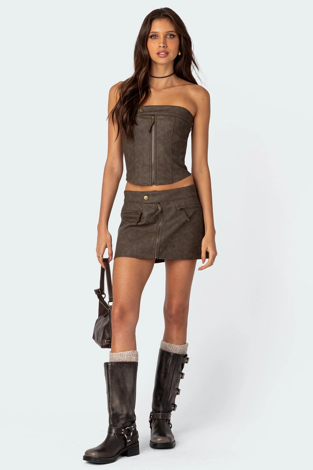 Brown Faux Leather Mini Skirt with Snap Button Detail