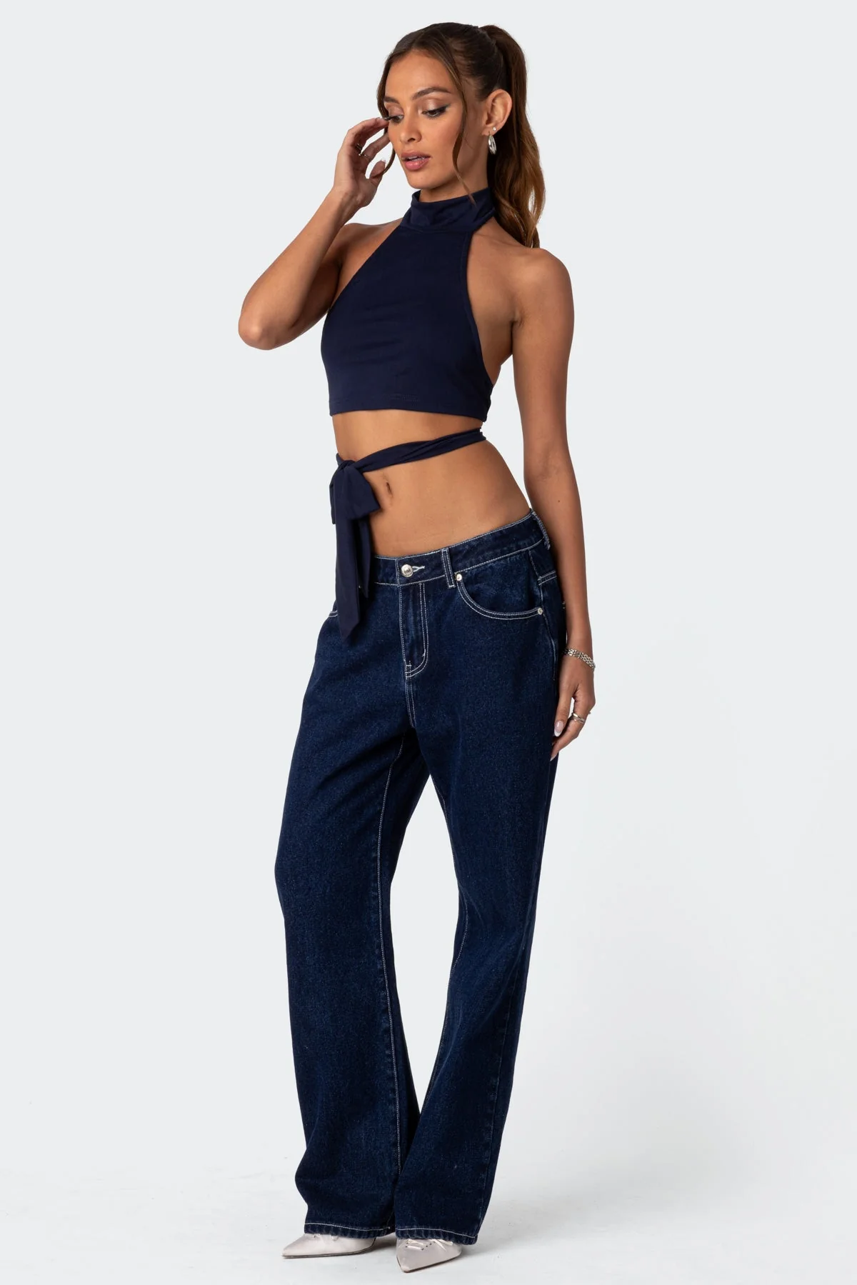 Navy Wrap Tie Crop Top
