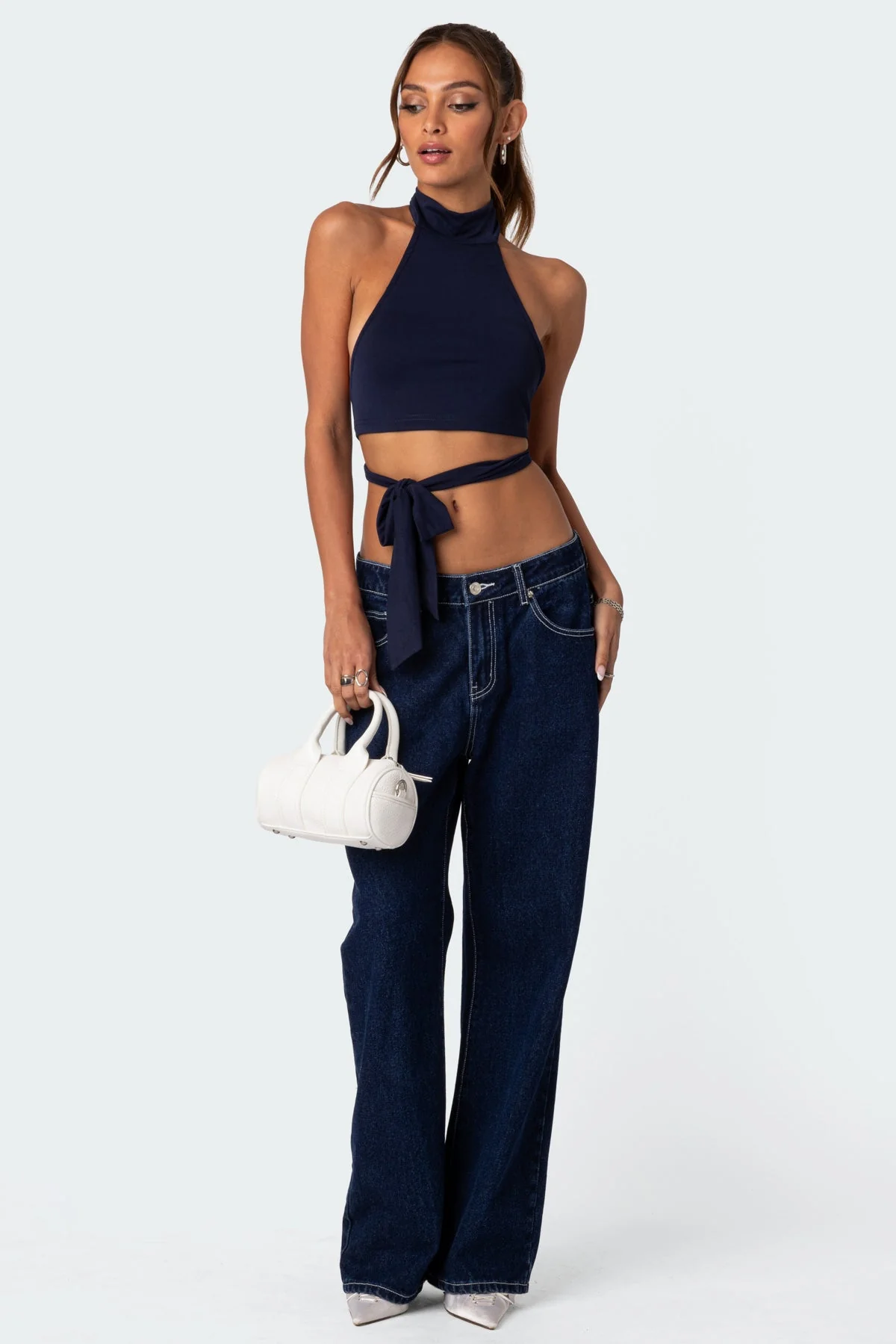 Navy Wrap Tie Crop Top