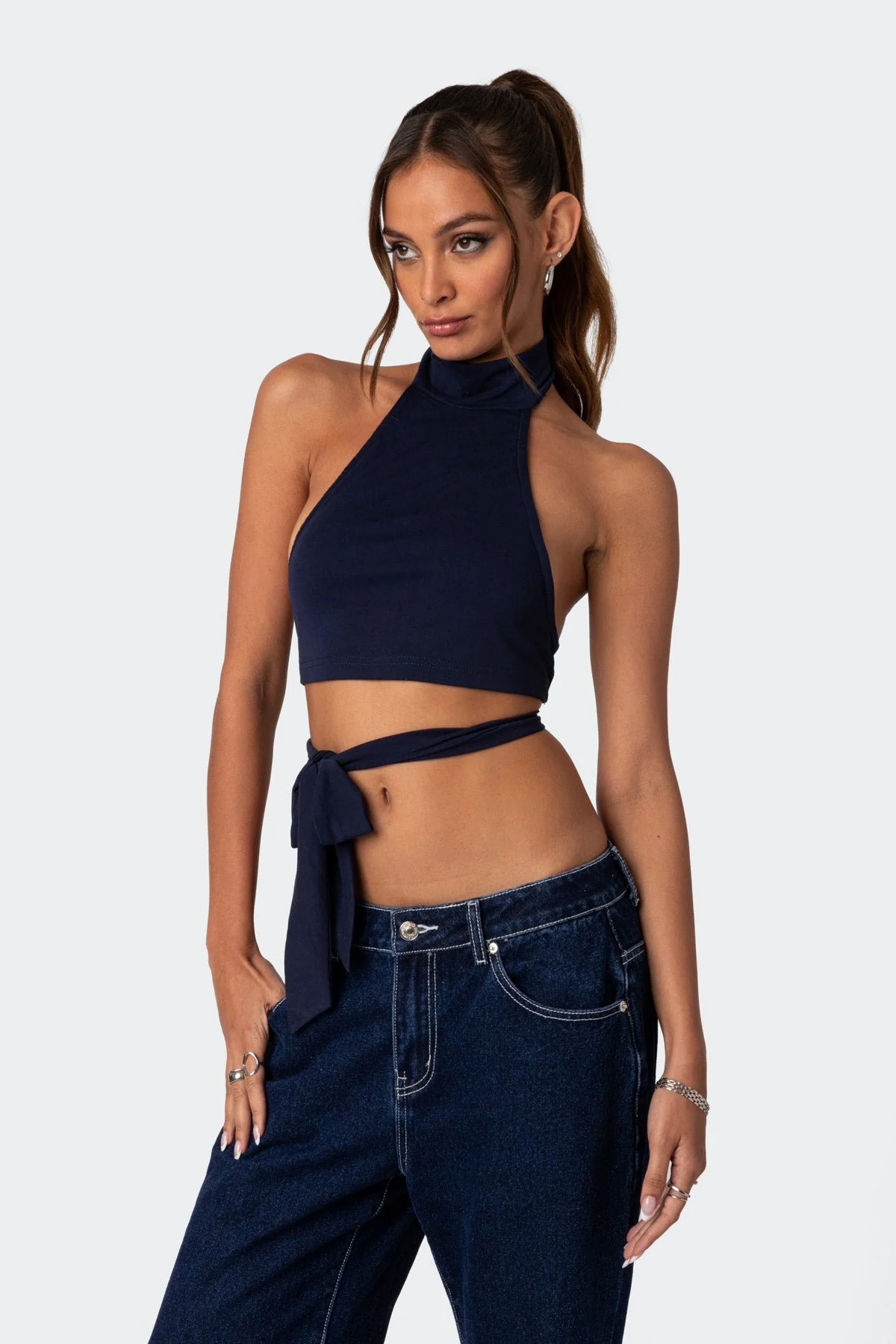 Navy Wrap Tie Crop Top