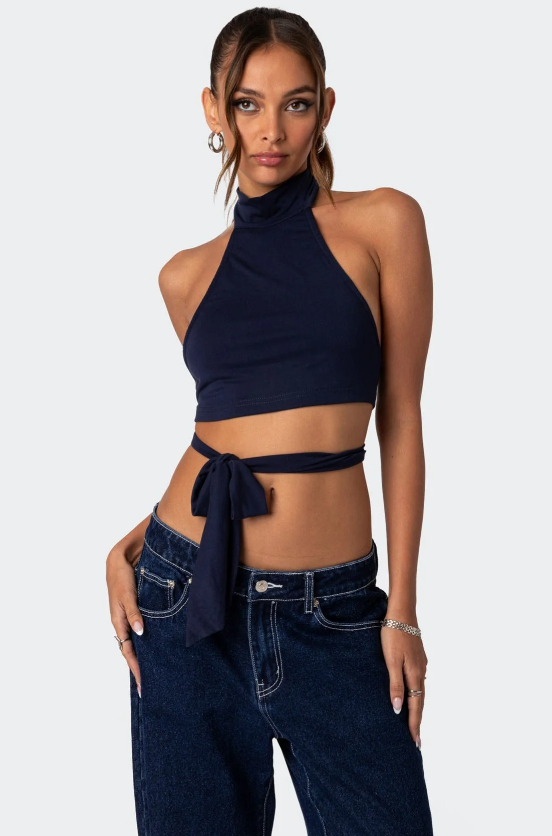Navy Wrap Tie Crop Top
