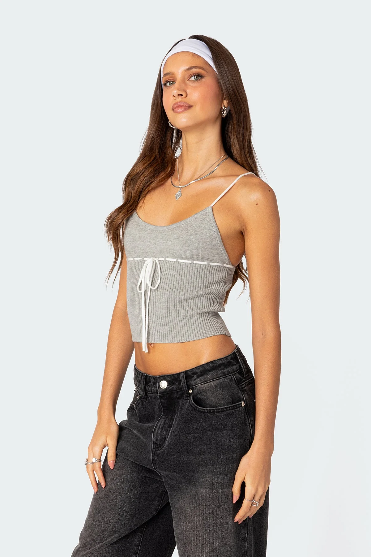 Gray Knit Tank Top Ribbed Detail Adjustable Straps