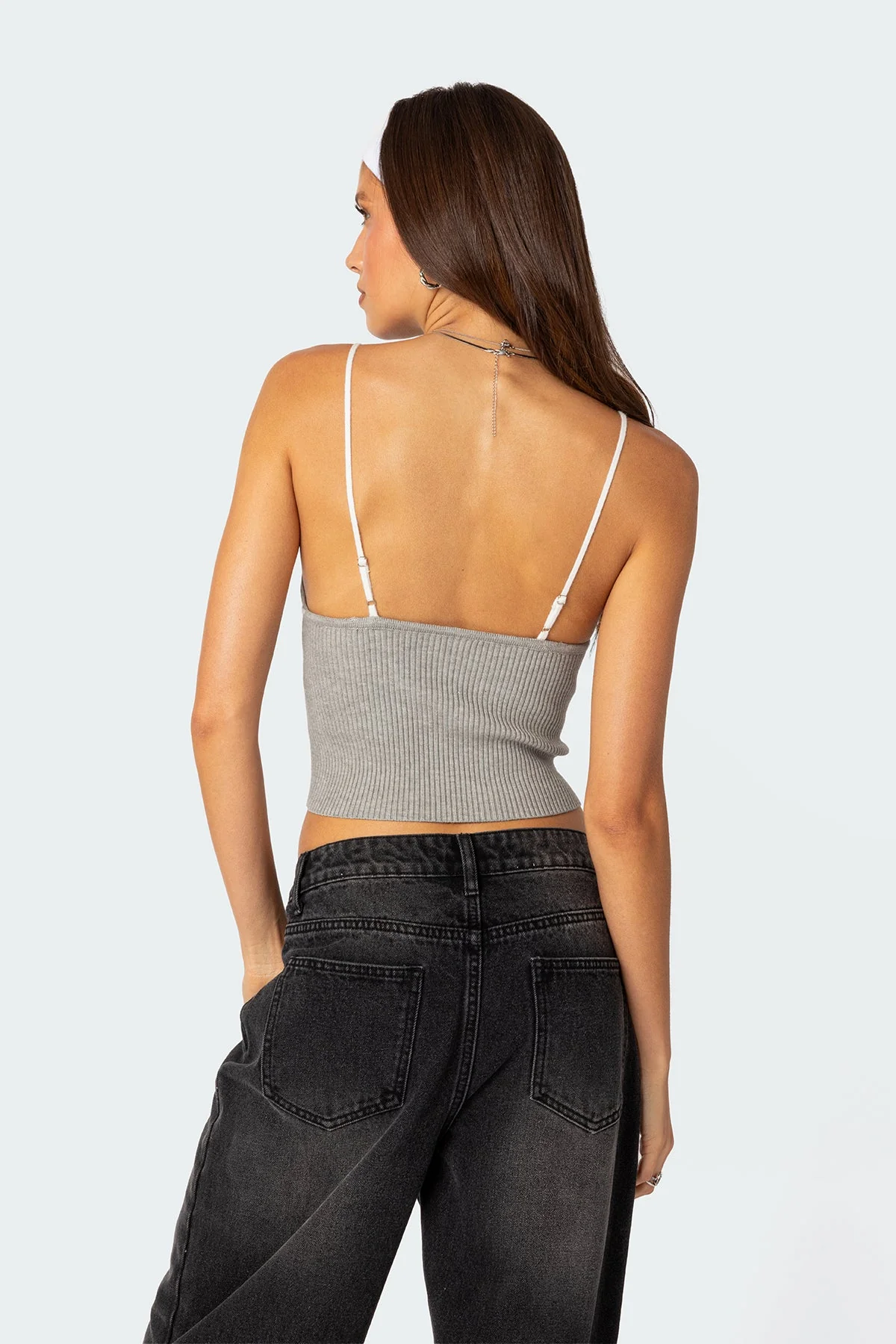 Gray Knit Tank Top Ribbed Detail Adjustable Straps