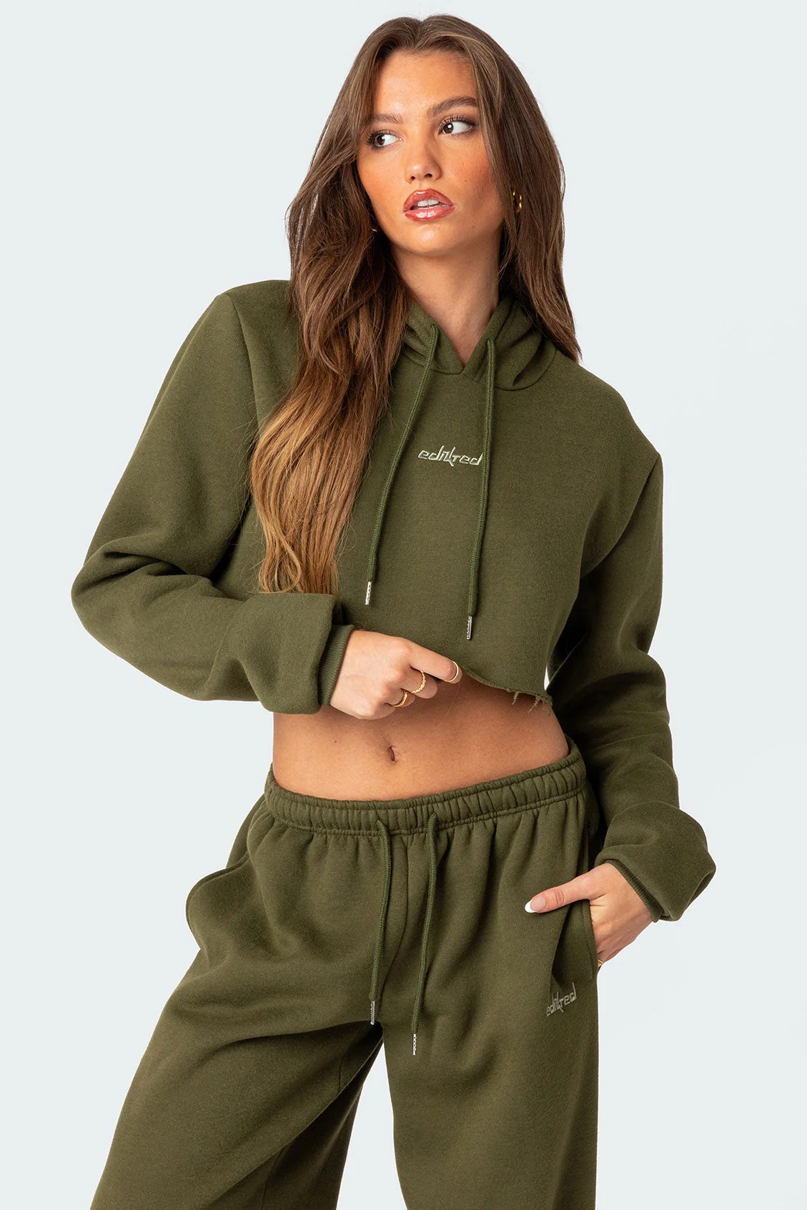 Olive Cropped Hoodie for Women Raw Hem Embroidered Logo