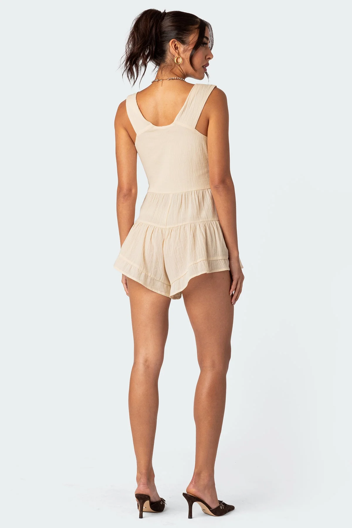Beige Textured Jumpsuit Romper with Button Front Detailing