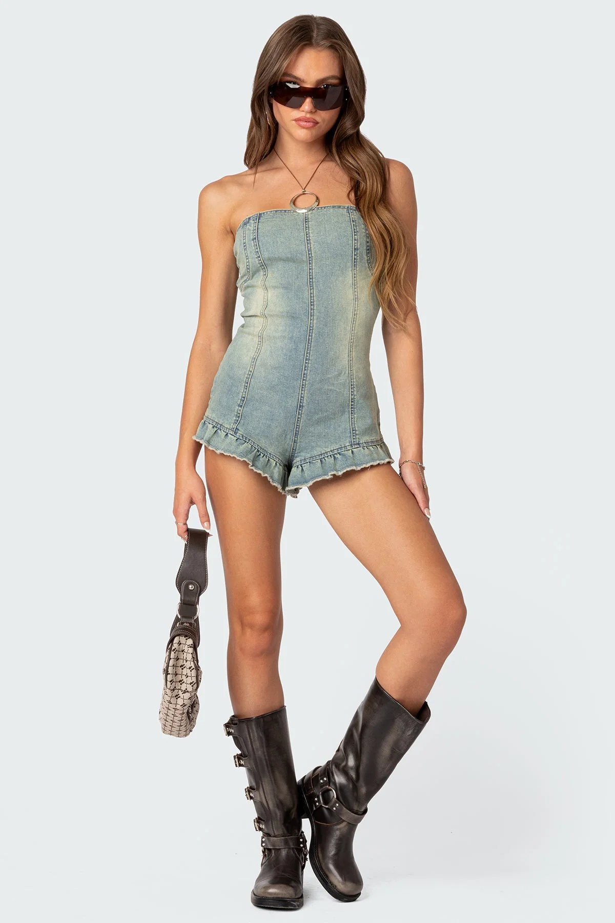 Blue Washed Denim Jumpsuit Romper