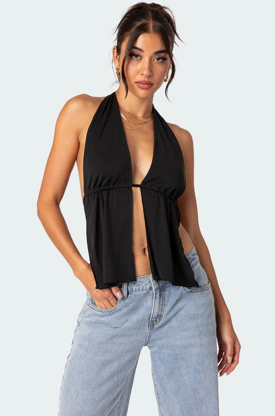 Black Tie Back Halter Top Split Front Style