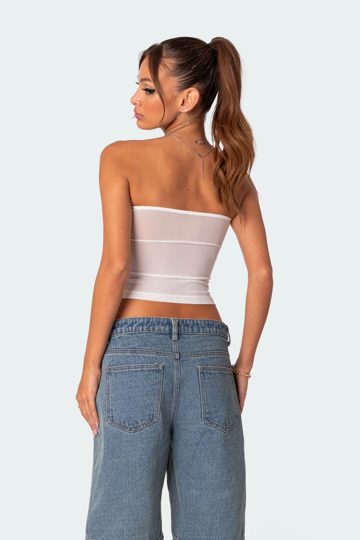 White Sheer Mesh Tube Top for Women Strapless Style