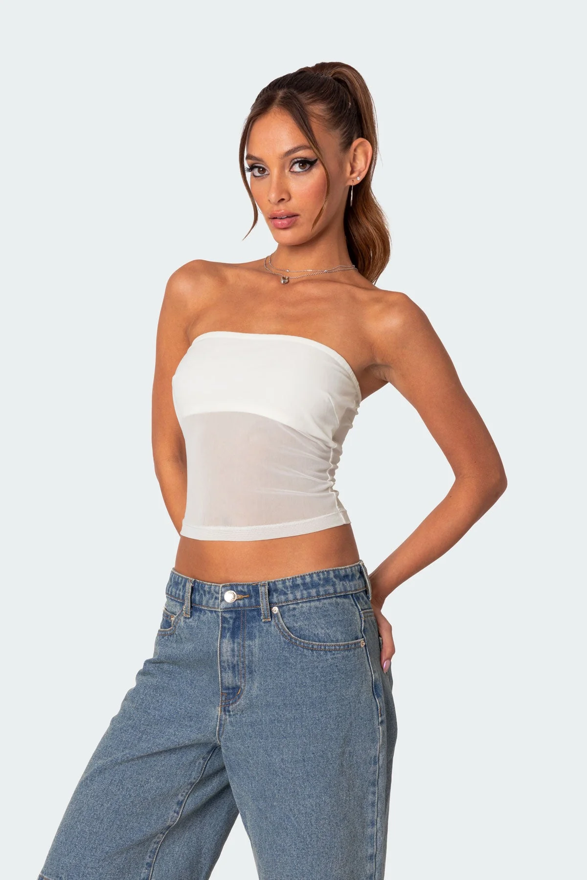 White Sheer Mesh Tube Top for Women Strapless Style