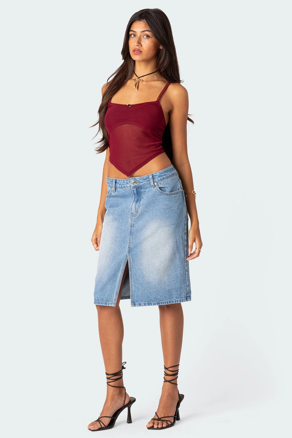 Burgundy Sheer Mesh Tank Top Womens Sleeveless Blouse