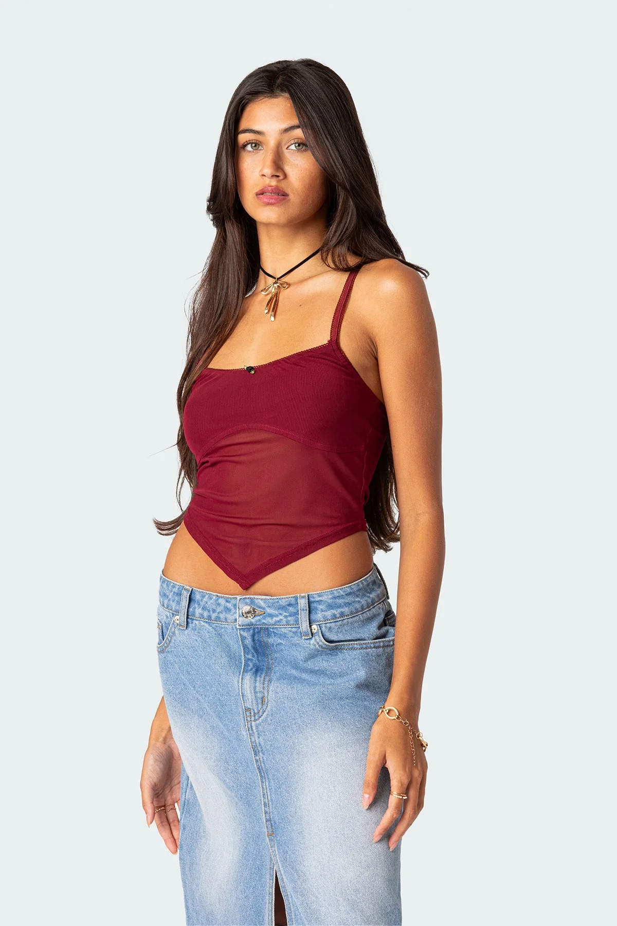 Burgundy Sheer Mesh Tank Top Womens Sleeveless Blouse