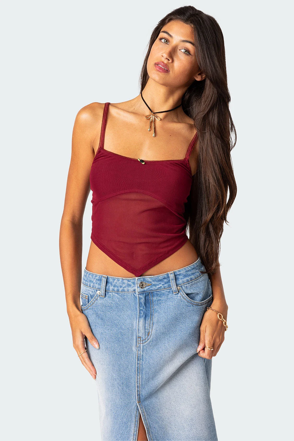 Burgundy Sheer Mesh Tank Top Womens Sleeveless Blouse