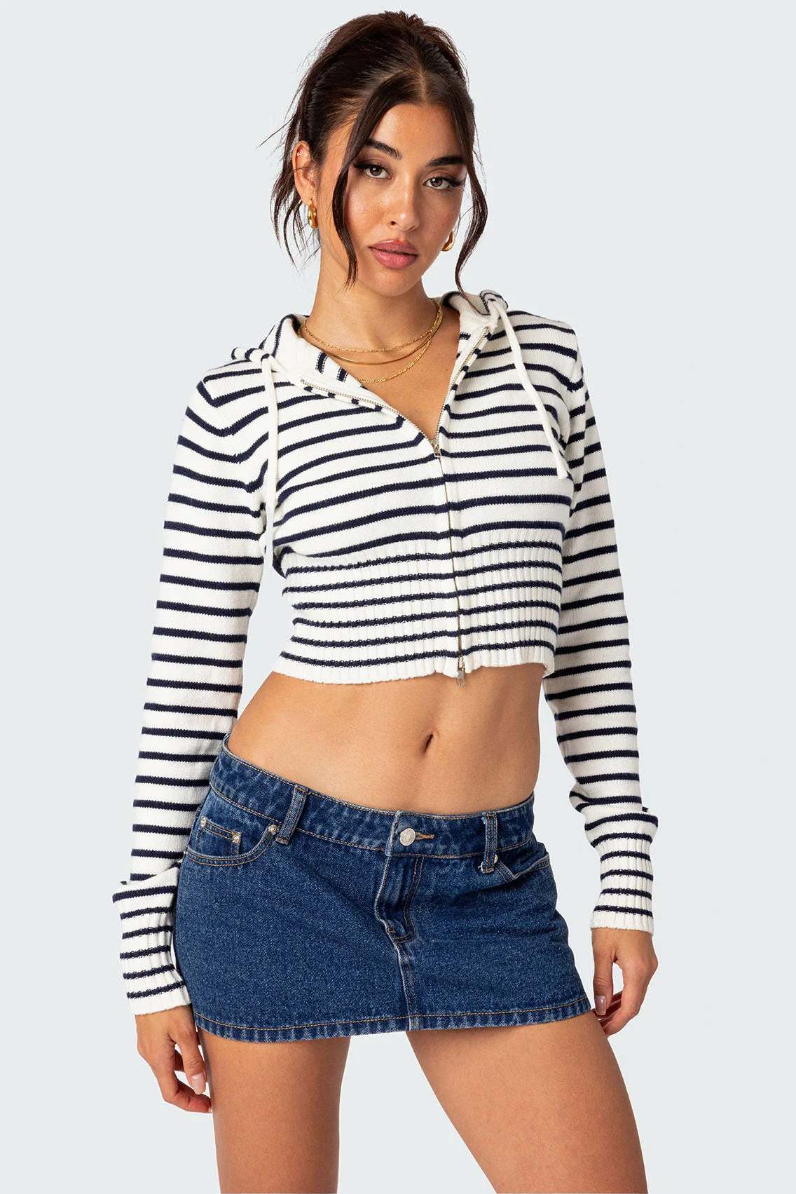 Navy and White Knitted Hooded Cardigan XS-L