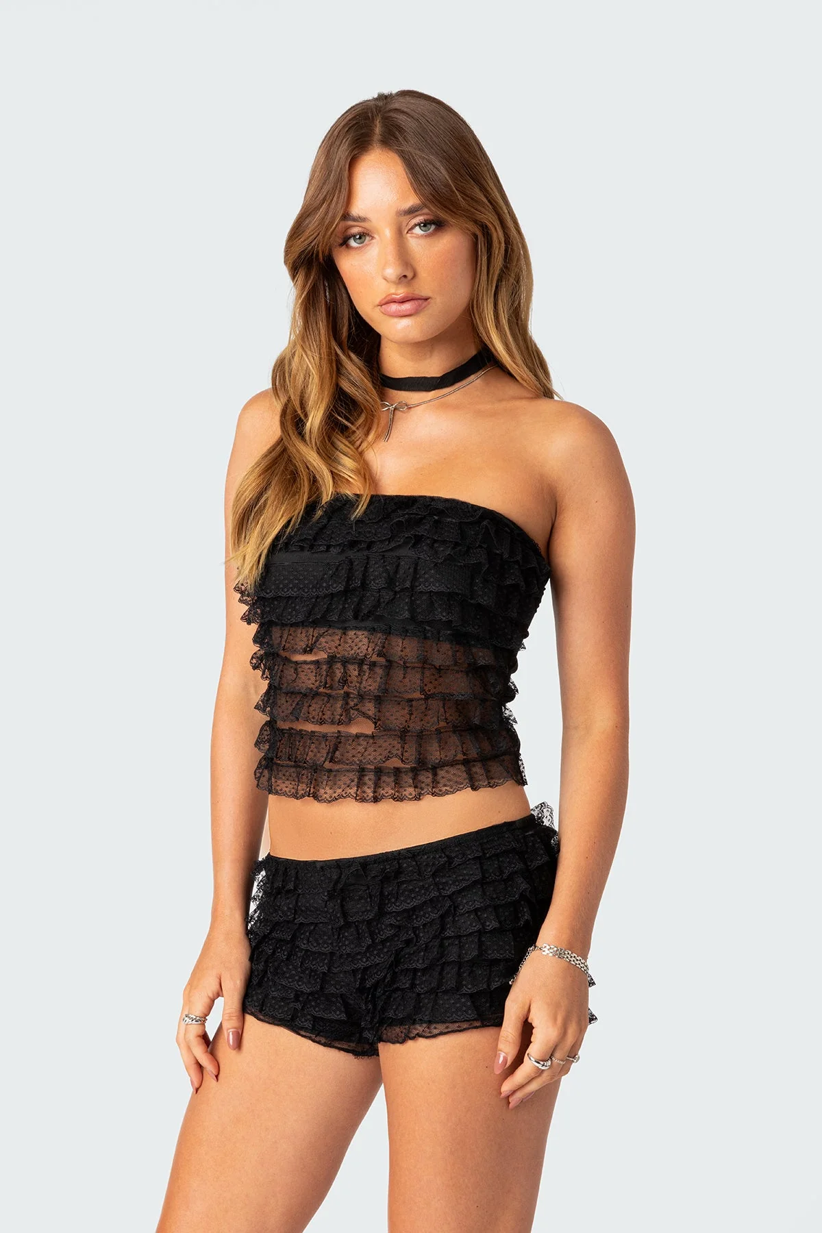 Sheer Ruffle Black Tube Top for Women