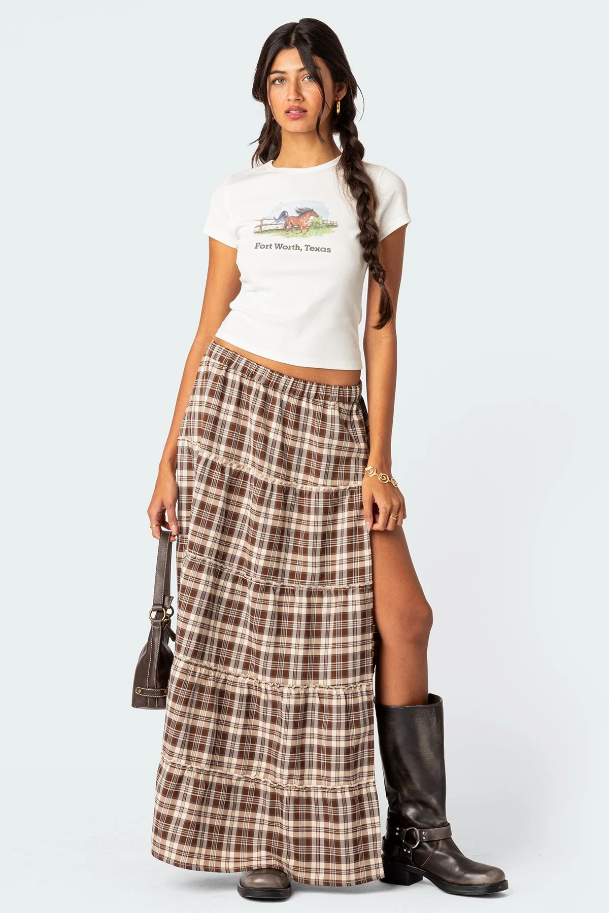 Brown Tiered Maxi Skirt with Plaid Design