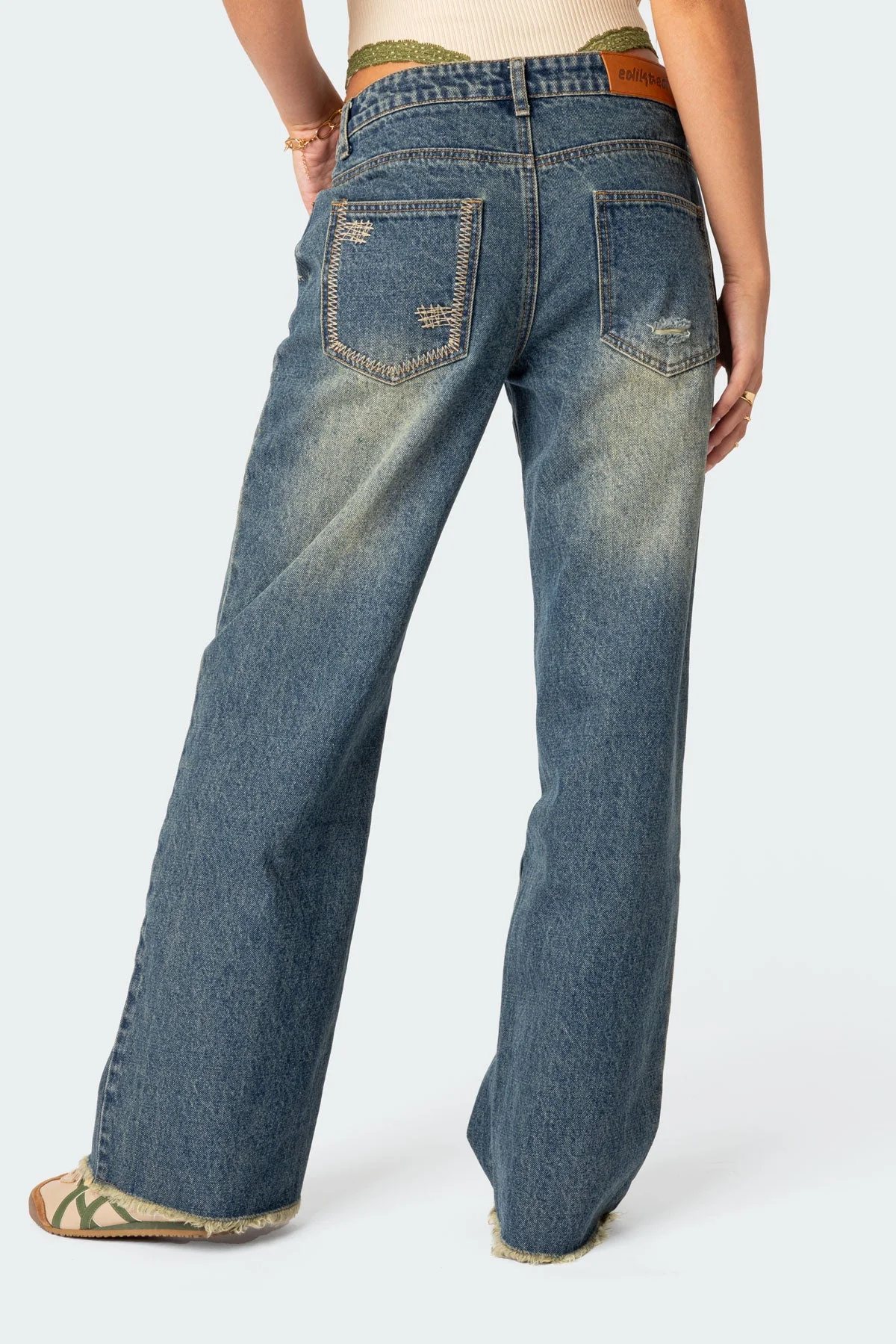 Blue Washed Low Rise Distressed Denim Jeans