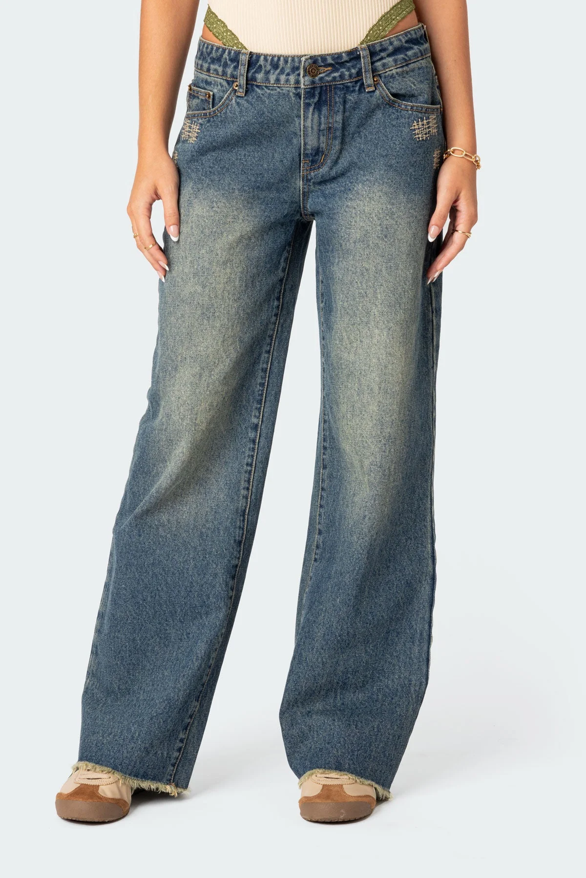 Blue Washed Low Rise Distressed Denim Jeans