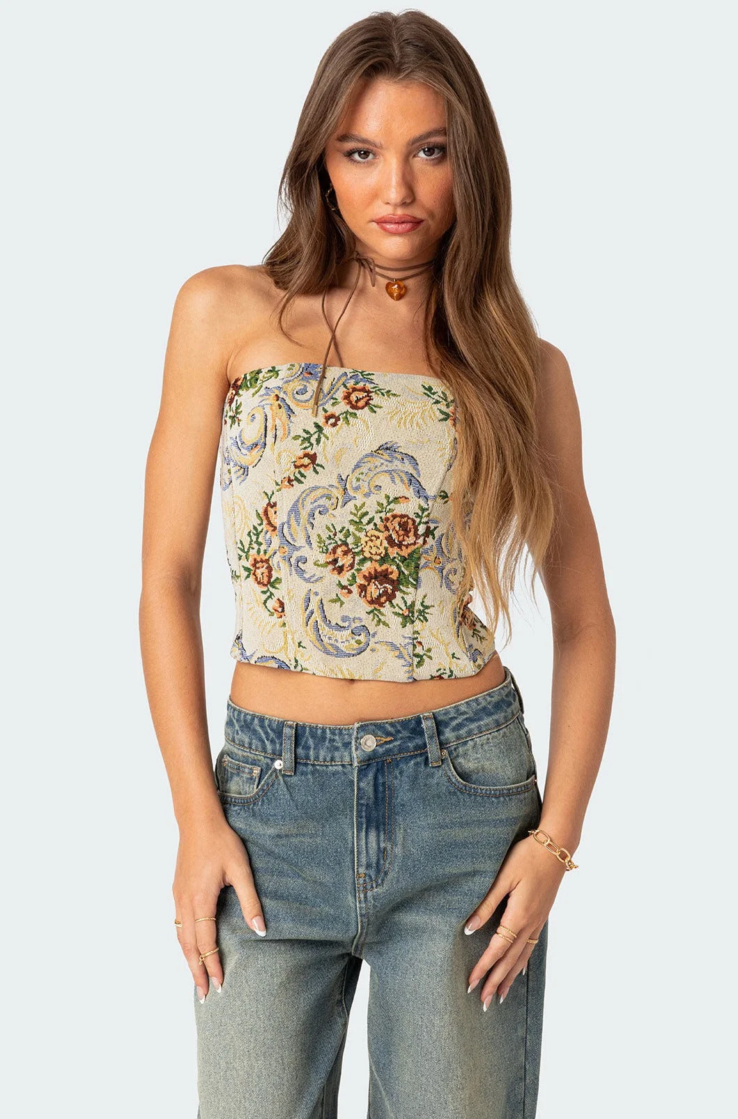 Floral Lace-Up Corset Top Cream