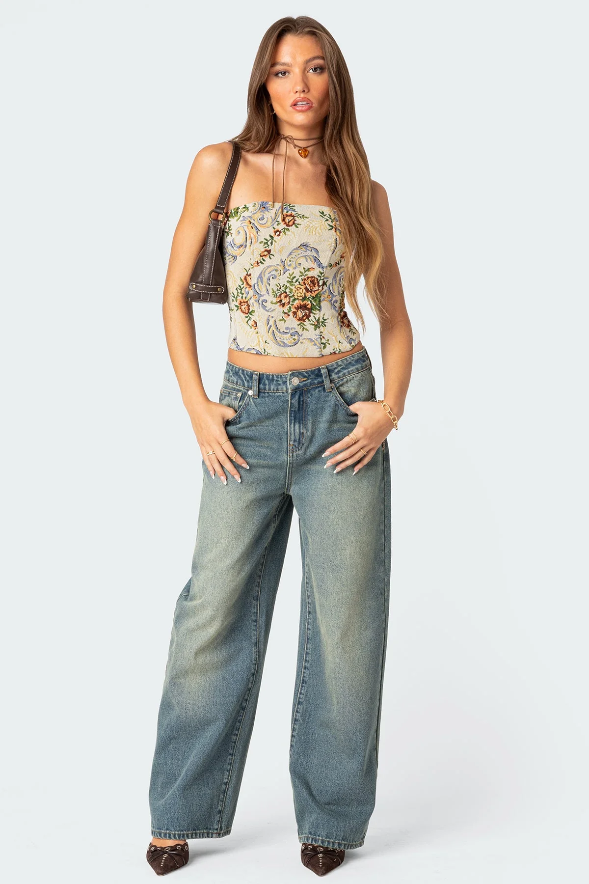 Floral Lace-Up Corset Top Cream