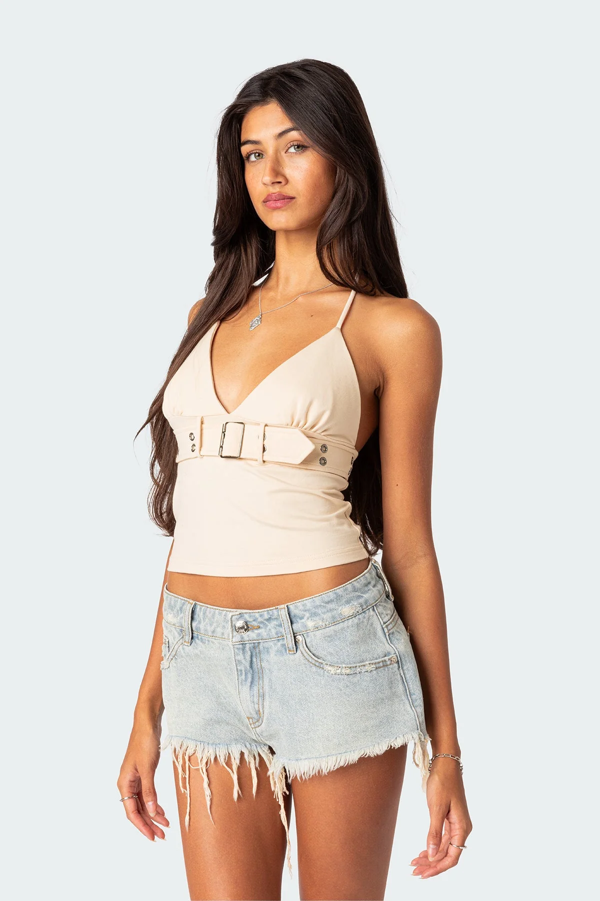 Beige Buckle Detail Halter Top for Women