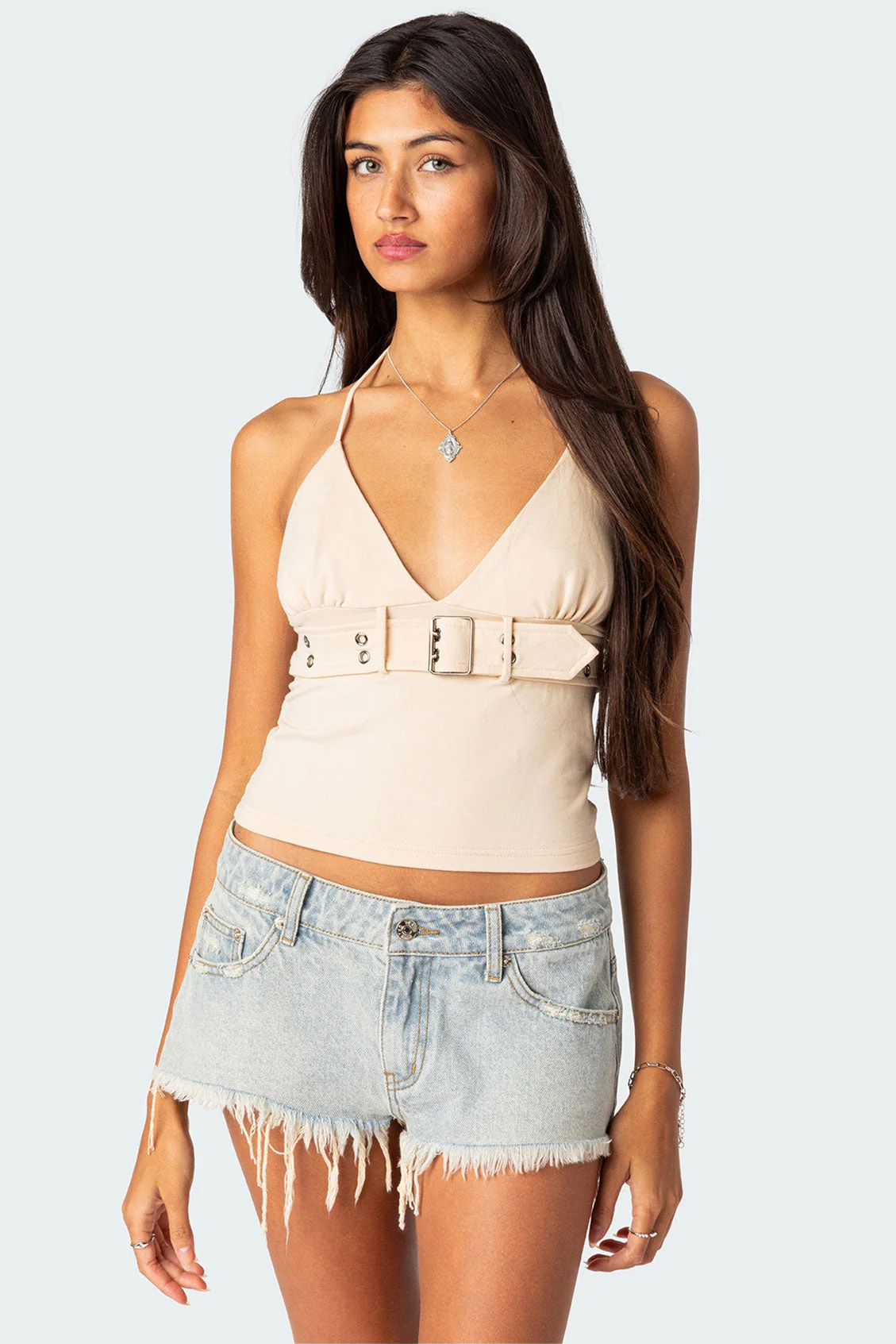 Beige Buckle Detail Halter Top for Women