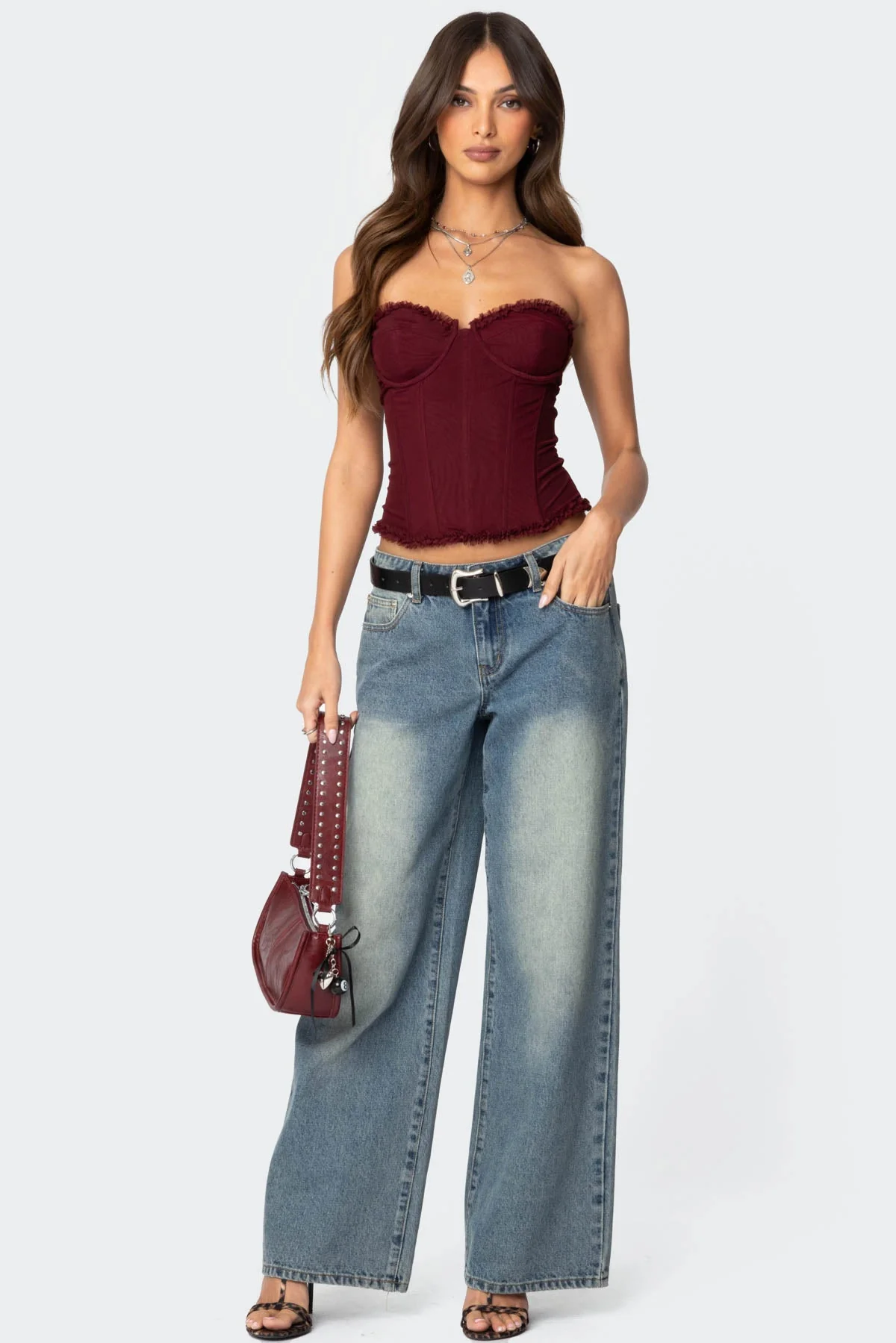 Burgundy Lace Up Mesh Corset Top