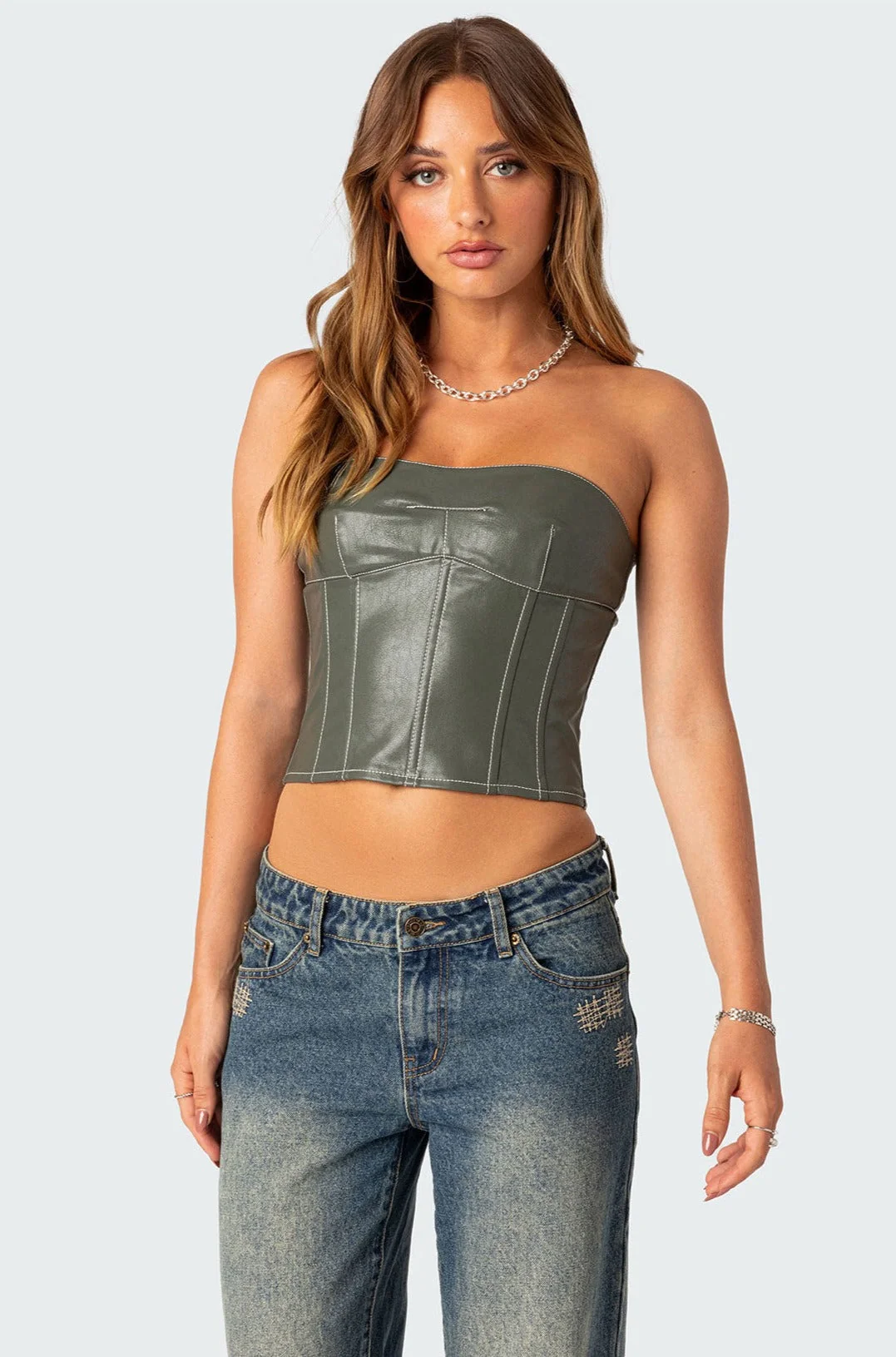 Green Faux Leather Lace-Up Corset - Womens Sexy Corset Top