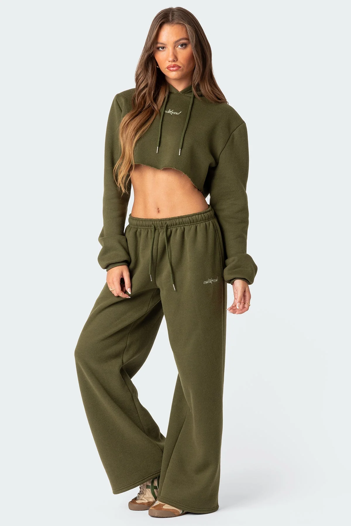 Olive Wide Leg Adjustable Waistband Sweatpants