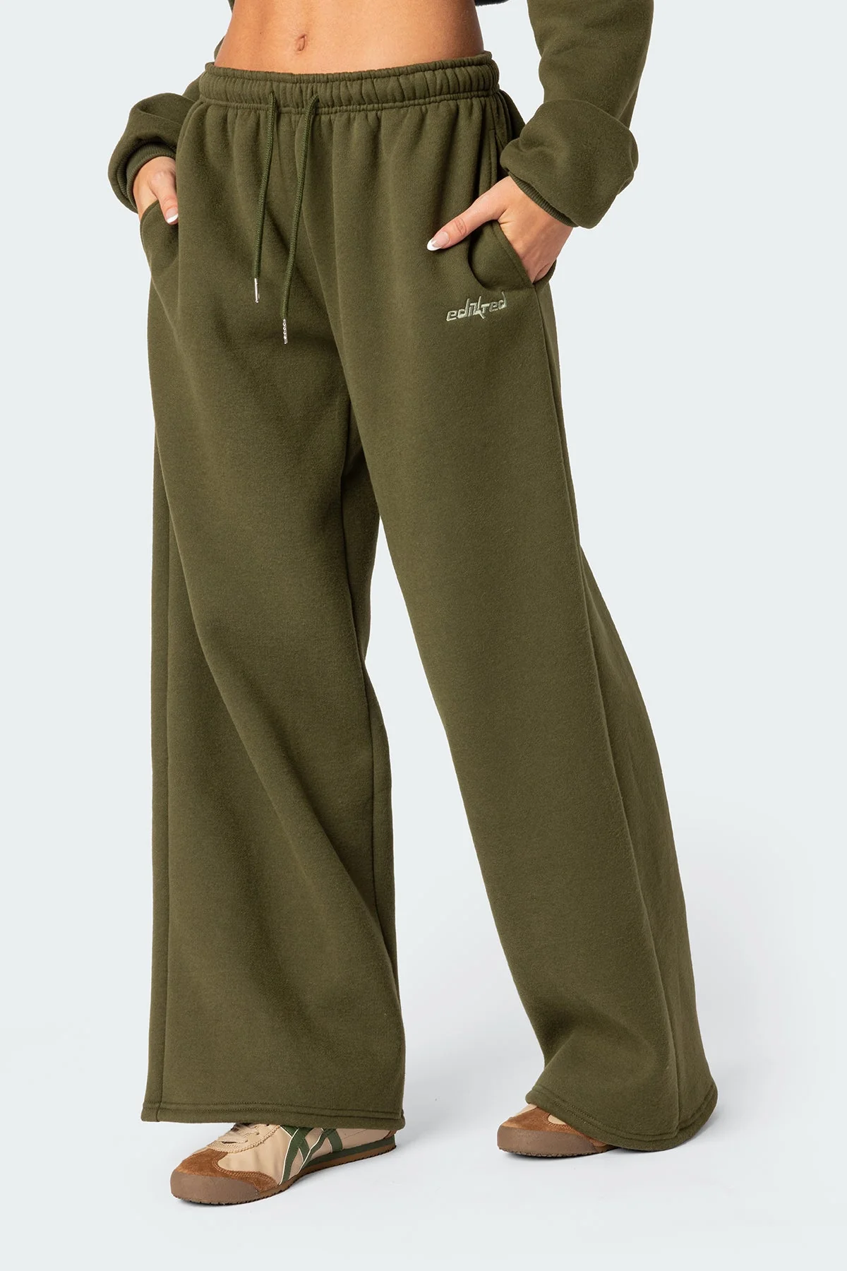 Olive Wide Leg Adjustable Waistband Sweatpants