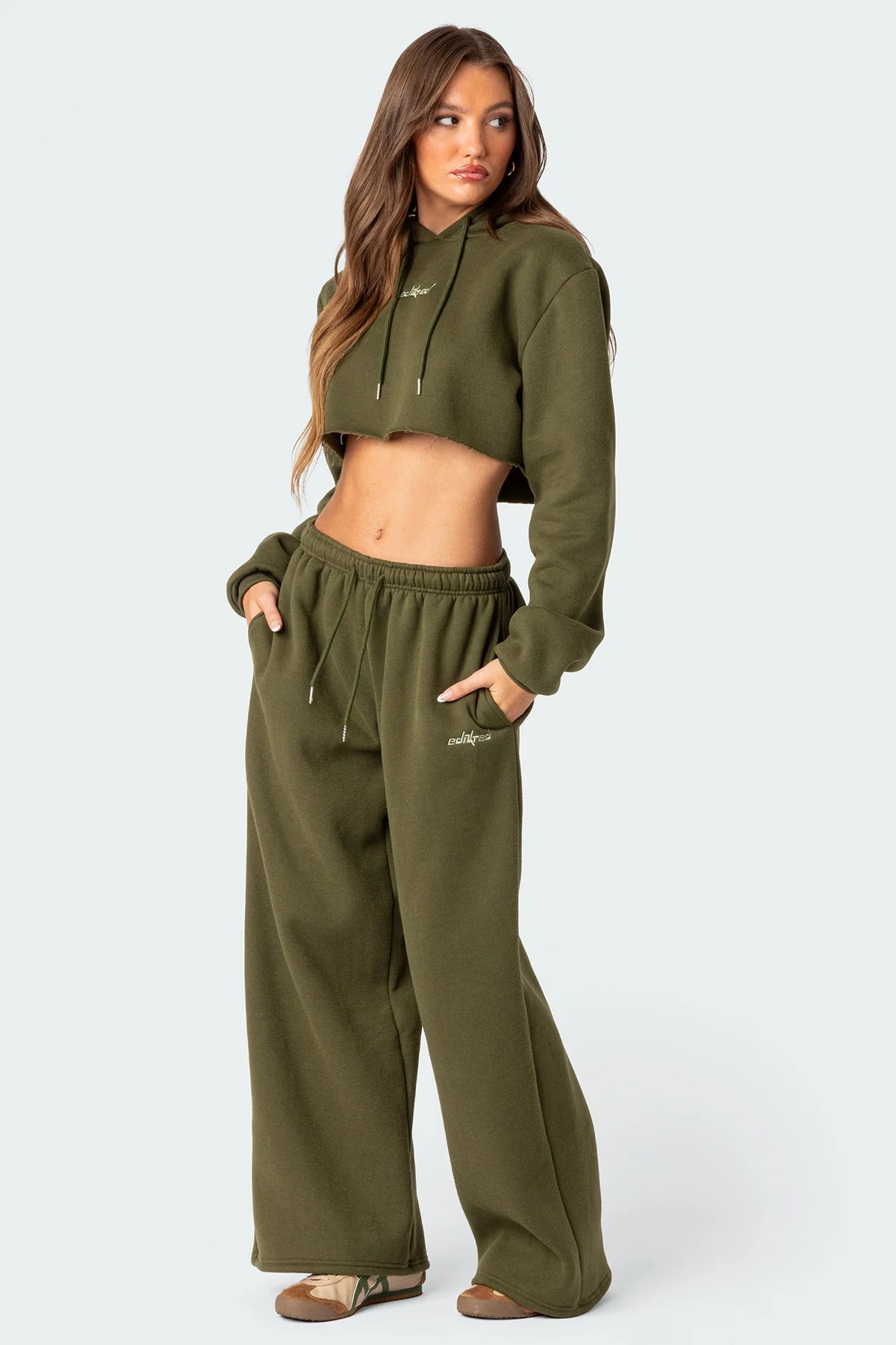 Olive Wide Leg Adjustable Waistband Sweatpants