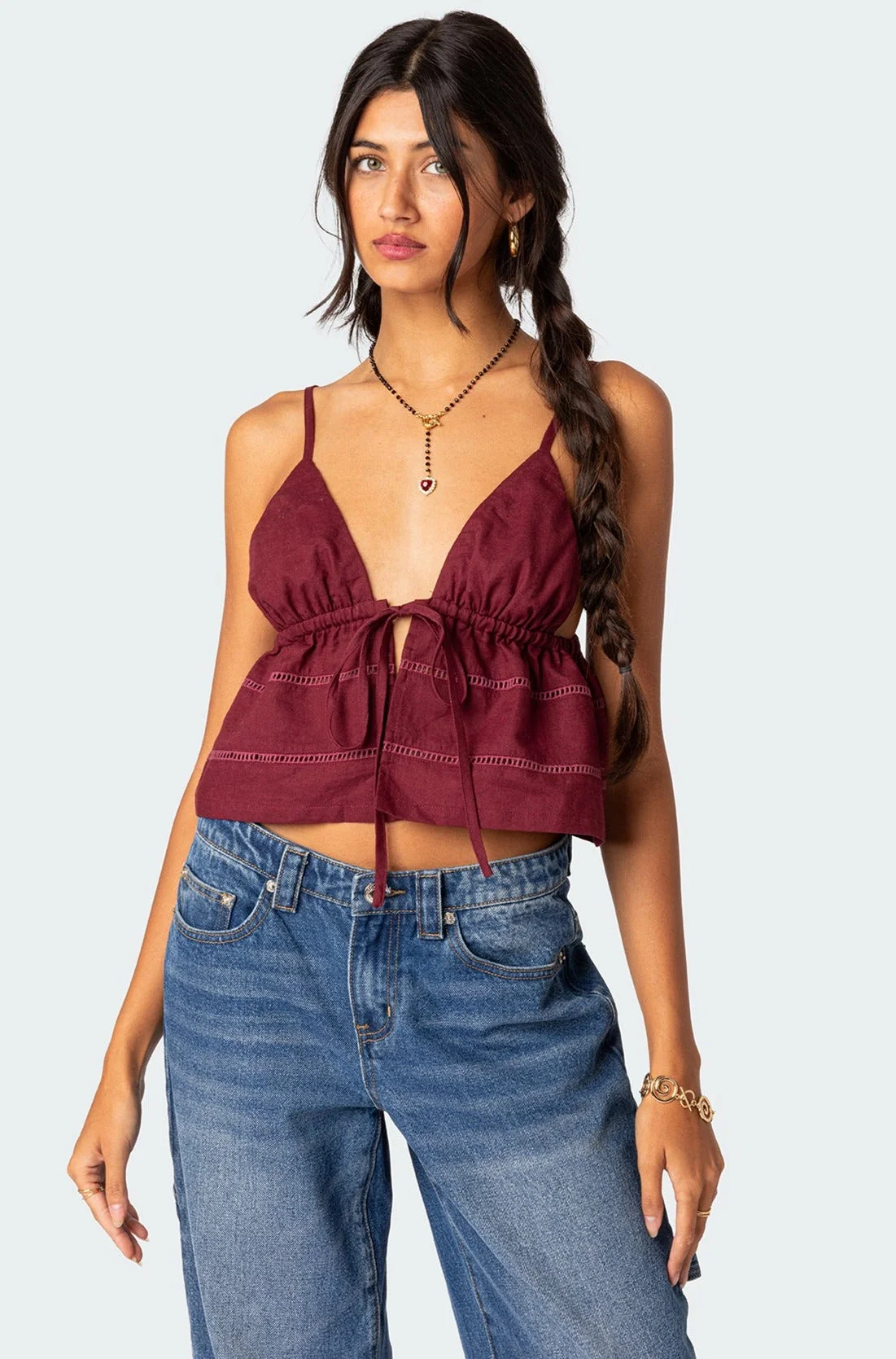 Burgundy Cotton Tie Front Tank Top