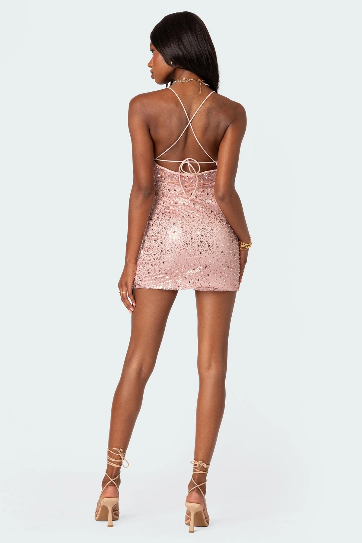 Pink Sequin Lace-Up Mini Dress for Evening Wear
